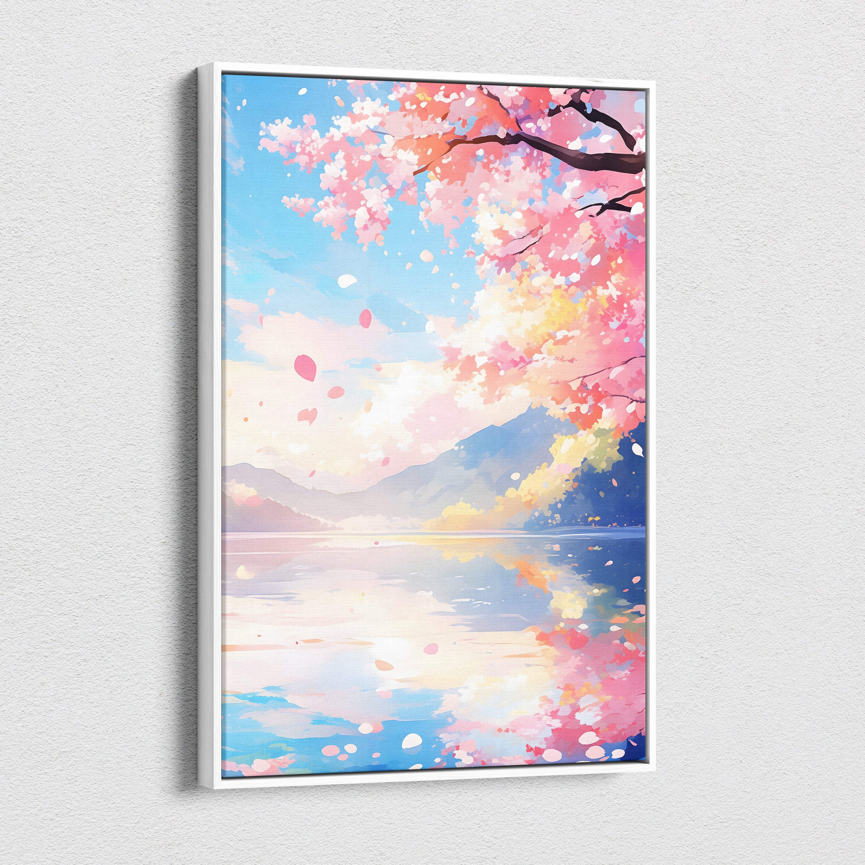 A framed pink cherry blossom lake canvas wall art with blue mountain sunset in soft pastel anime painting style