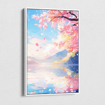 A framed pink cherry blossom lake canvas wall art with blue mountain sunset in soft pastel anime painting style