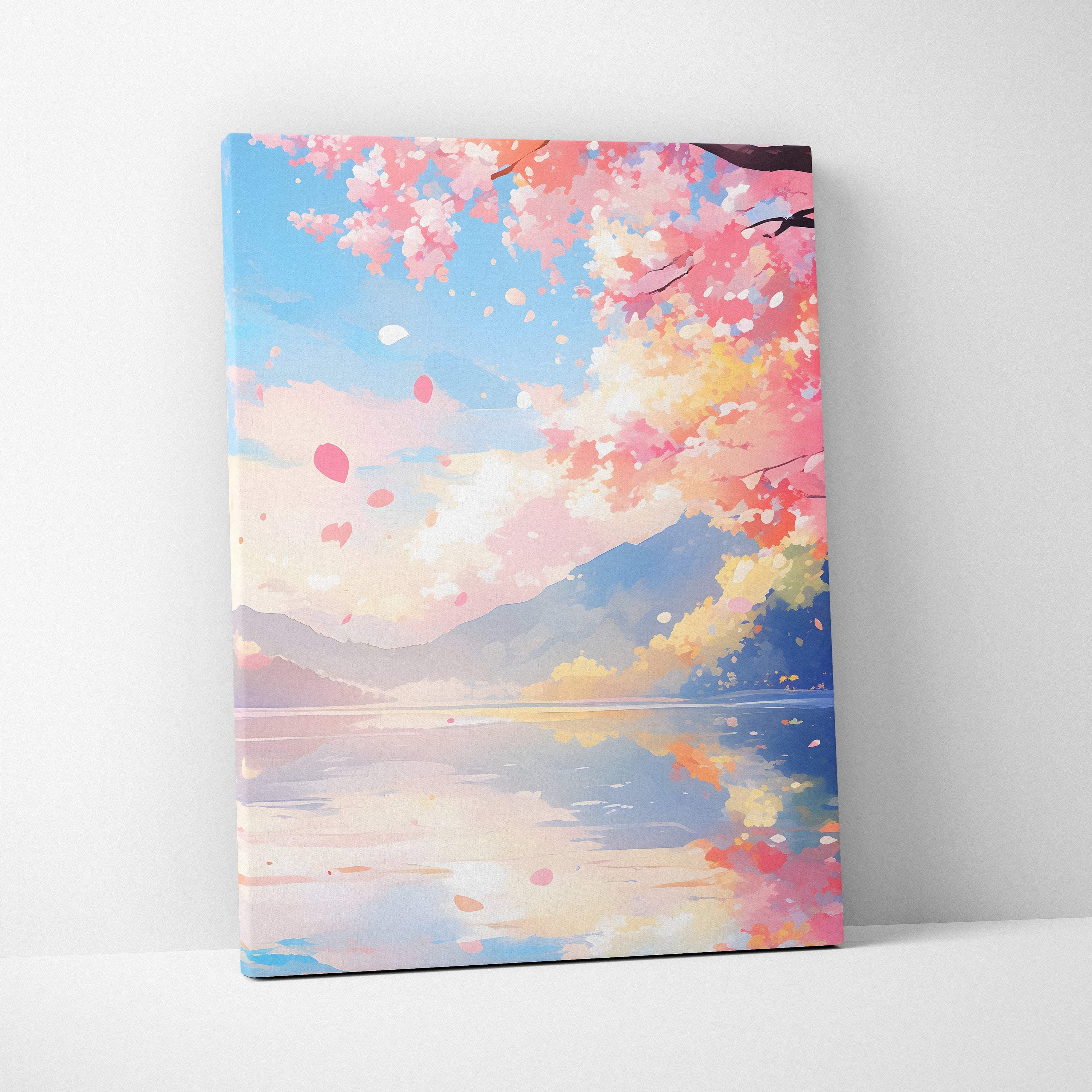 Rectangular canvas print of pink cherry blossoms falling over a blue mountain lake in soft pastel anime style wall art