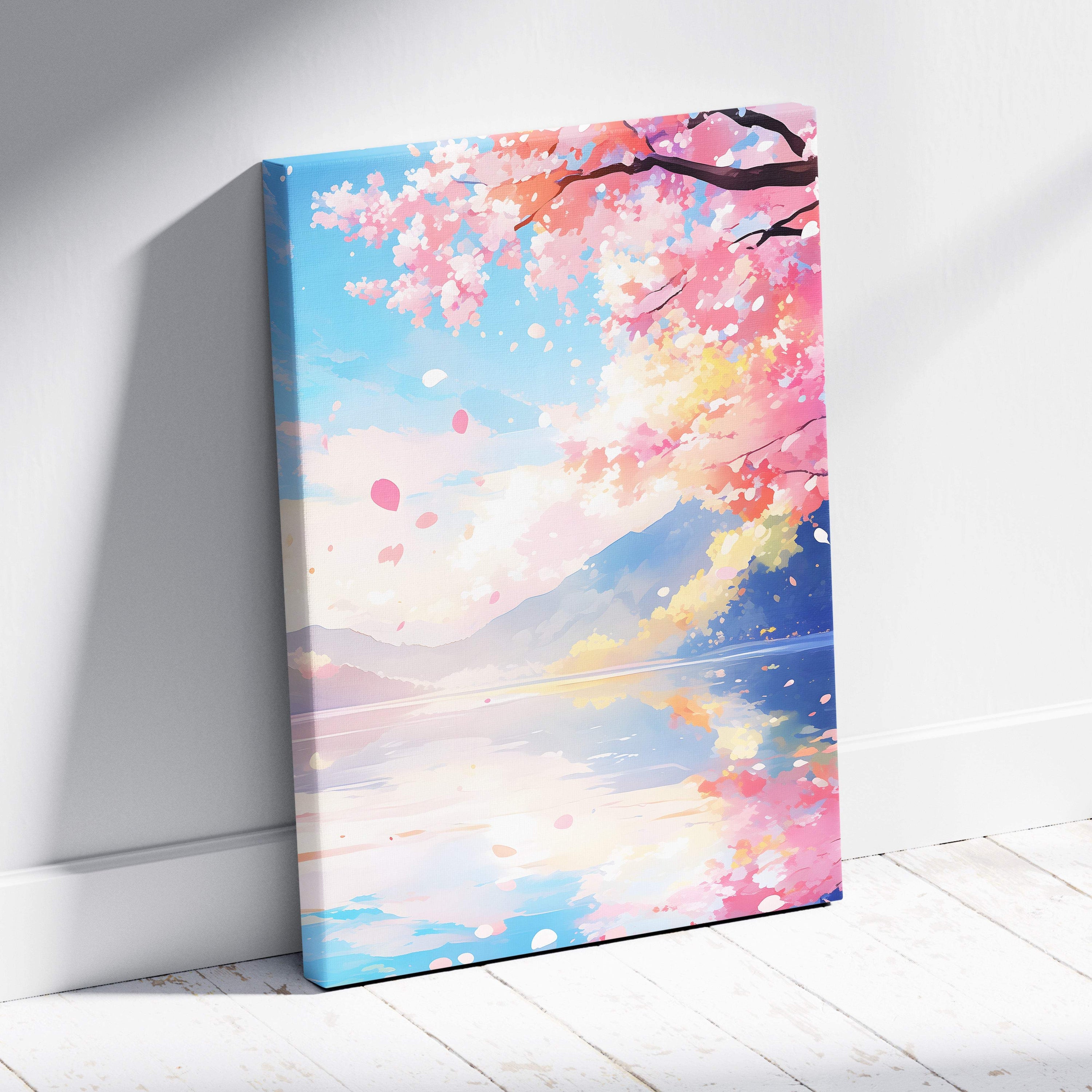 A vibrant pink cherry blossom lake canvas wall art with soft blue skies and reflective water in a pastel anime style