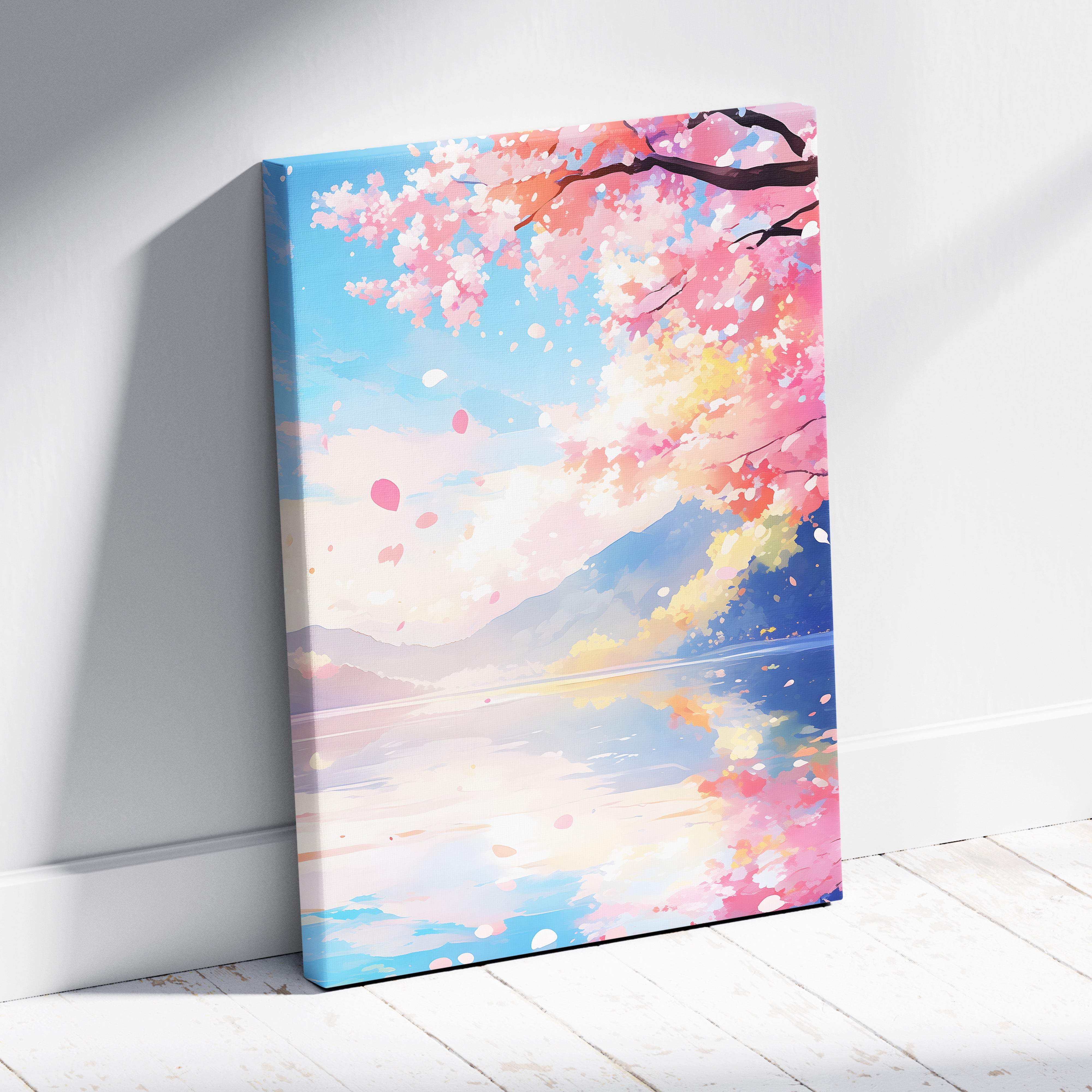 A vibrant pink cherry blossom lake canvas wall art with soft blue skies and reflective water in a pastel anime style