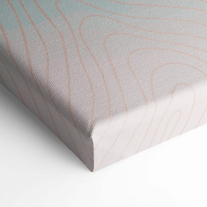 Pastel mountain landscape canvas wall art with soft textured canvas and peach contour lines on muted gray background