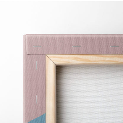 A blush pink pastel mountain landscape canvas painting with light wood frame for living room and bedroom decor