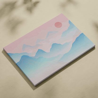Pastel mountain landscape canvas wall art with blue pink hues and a small sun in oriental vector painting style