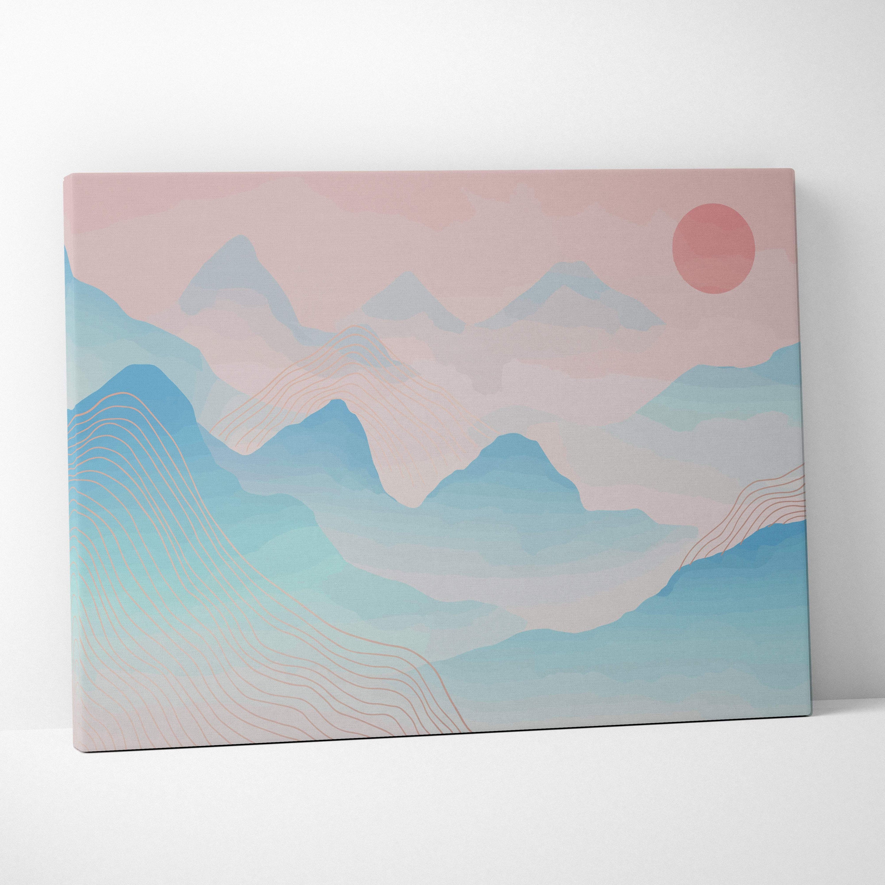Pastel mountain landscape canvas wall art with blue pink abstract mountains and subtle gold line detailing for bedroom decor