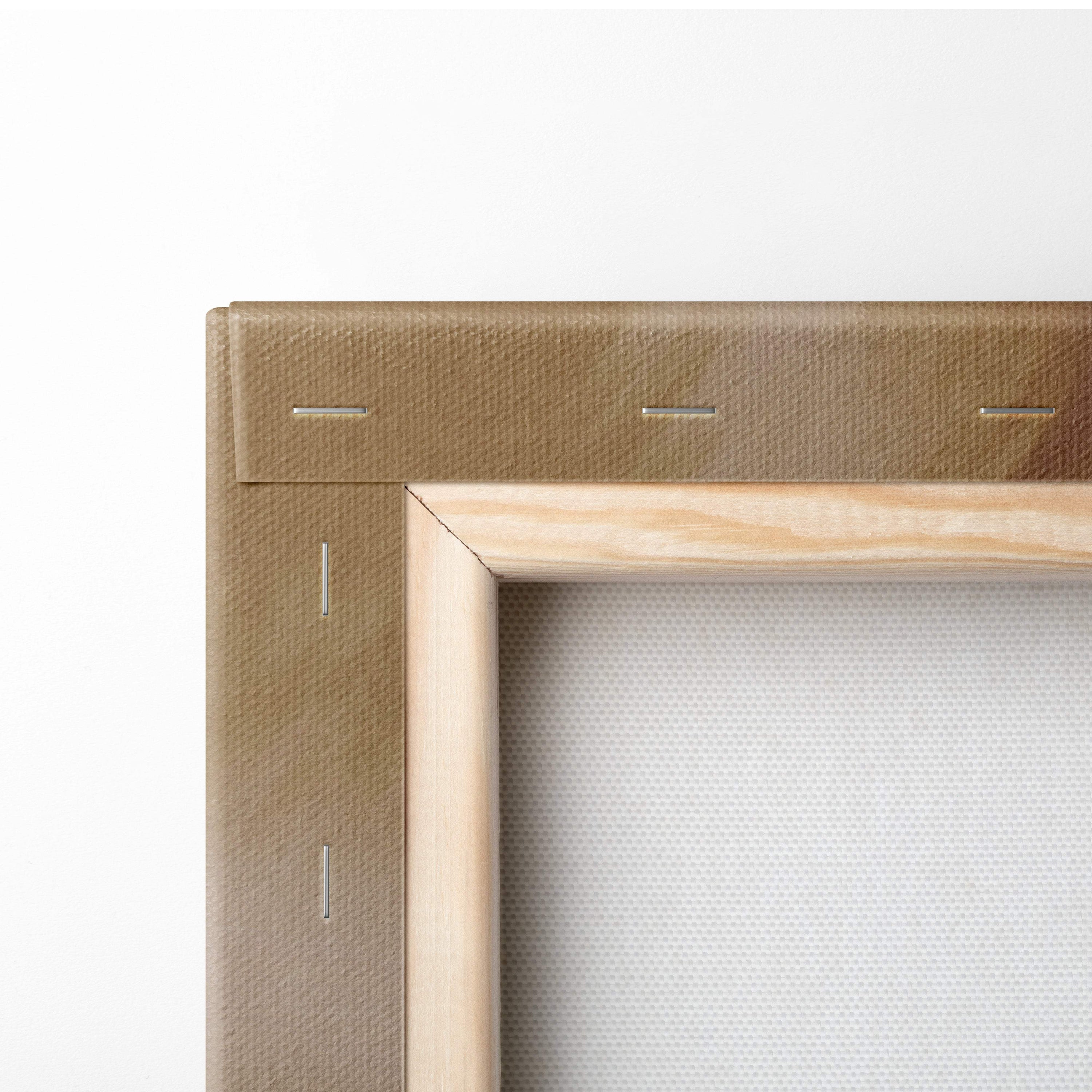 Light brown canvas wrapped around a natural wood frame with stitching for ember wasteland wanderer canvas art
