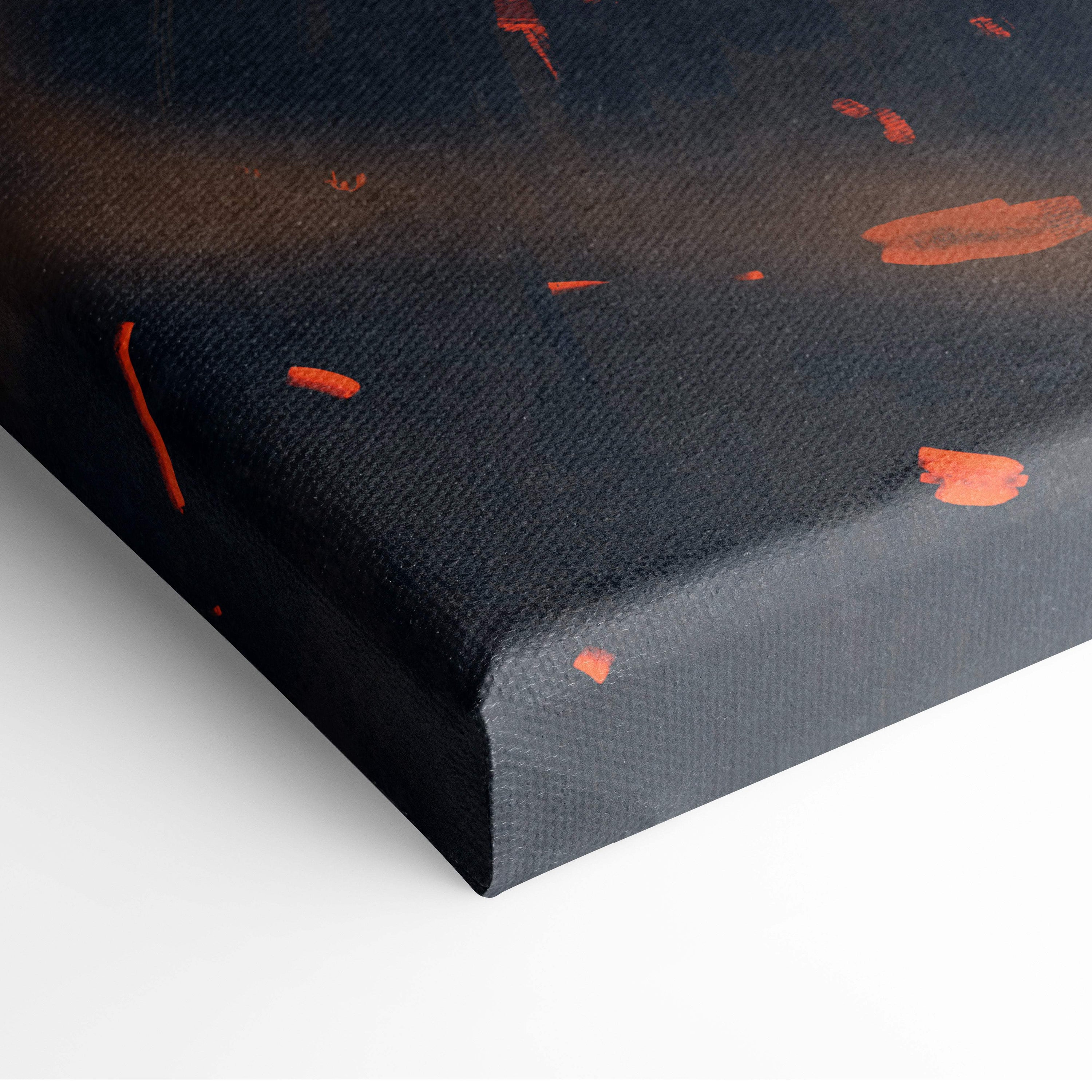 Black canvas print with abstract orange paint splatters from ember wasteland wanderer sci-fi digital wall art