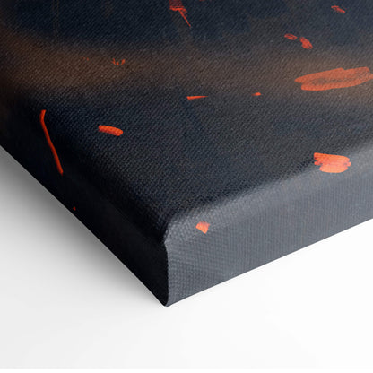 Black canvas print with abstract orange paint splatters from ember wasteland wanderer sci-fi digital wall art