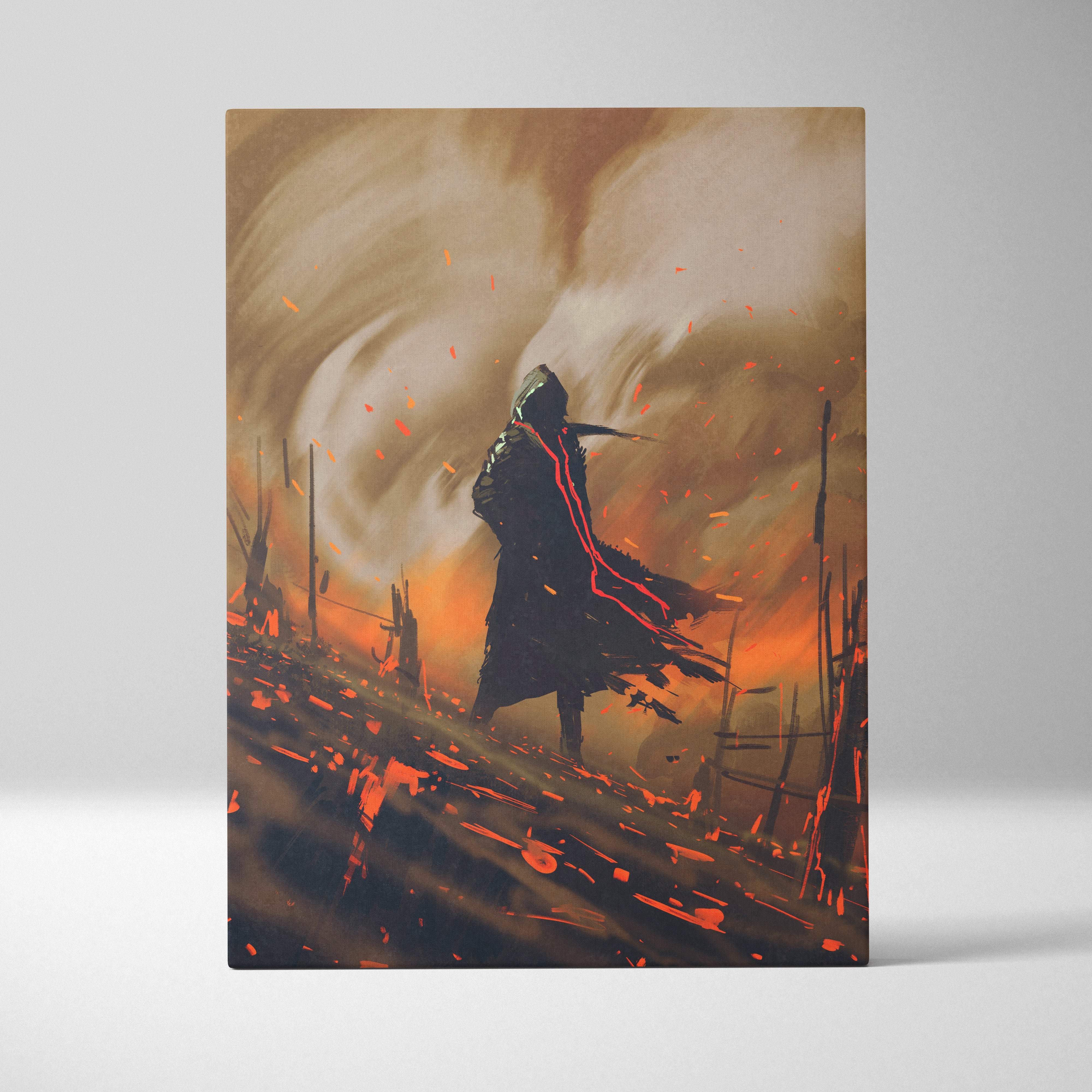 A rectangular canvas print of a dark post-apocalyptic hooded figure in armor amidst fiery orange and black ruins