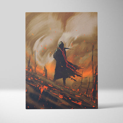 A rectangular canvas print of a dark post-apocalyptic hooded figure in armor amidst fiery orange and black ruins