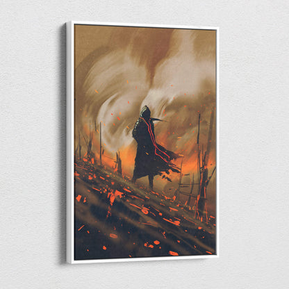 A framed canvas art print of a dark post-apocalyptic hooded figure with glowing red accents in a fiery orange wasteland