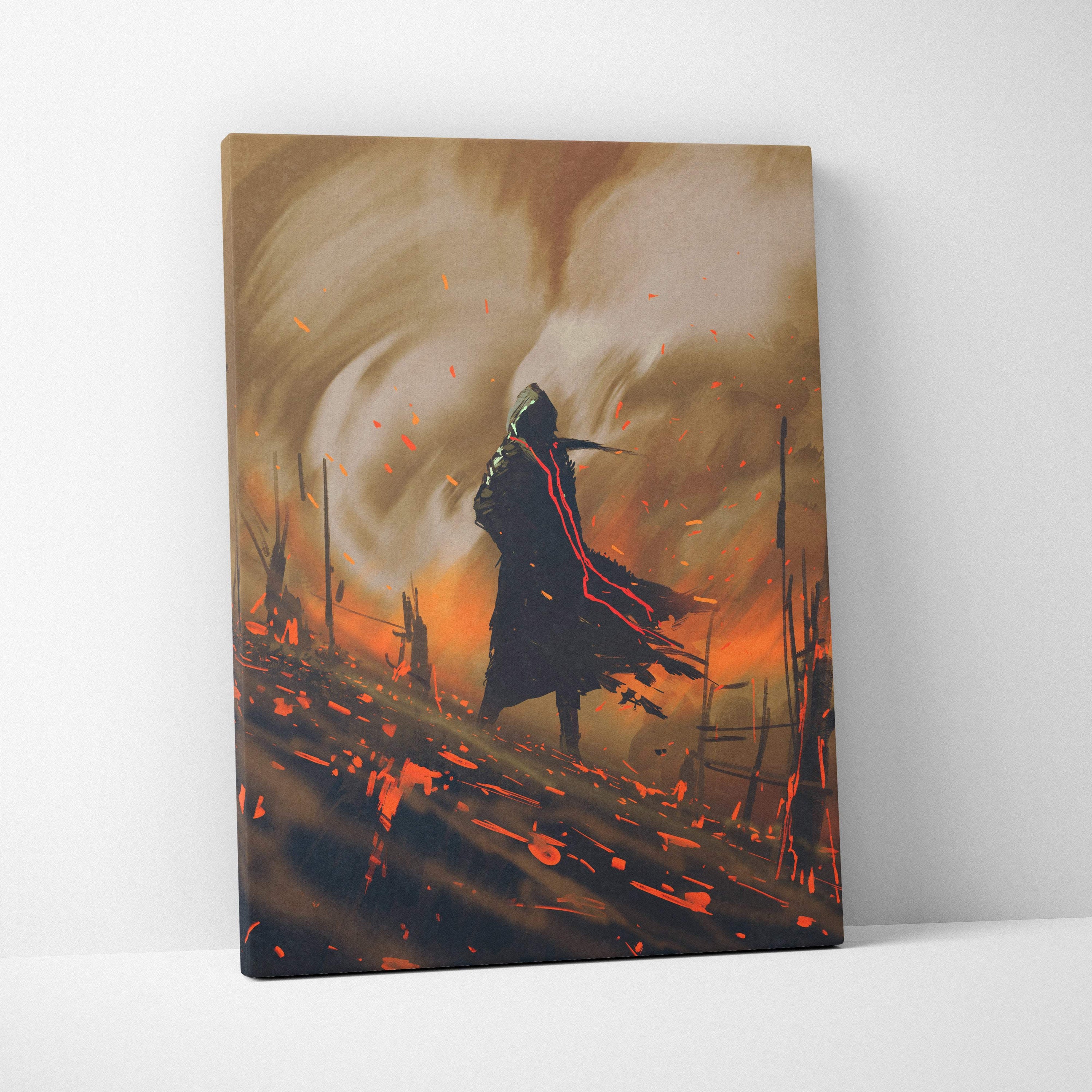 A rectangular canvas print of a dark hooded figure in a fiery orange and black post-apocalyptic landscape wall decor