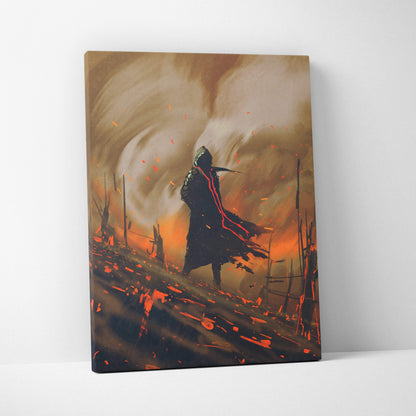 A rectangular canvas print of a dark hooded figure in a fiery orange and black post-apocalyptic landscape wall decor