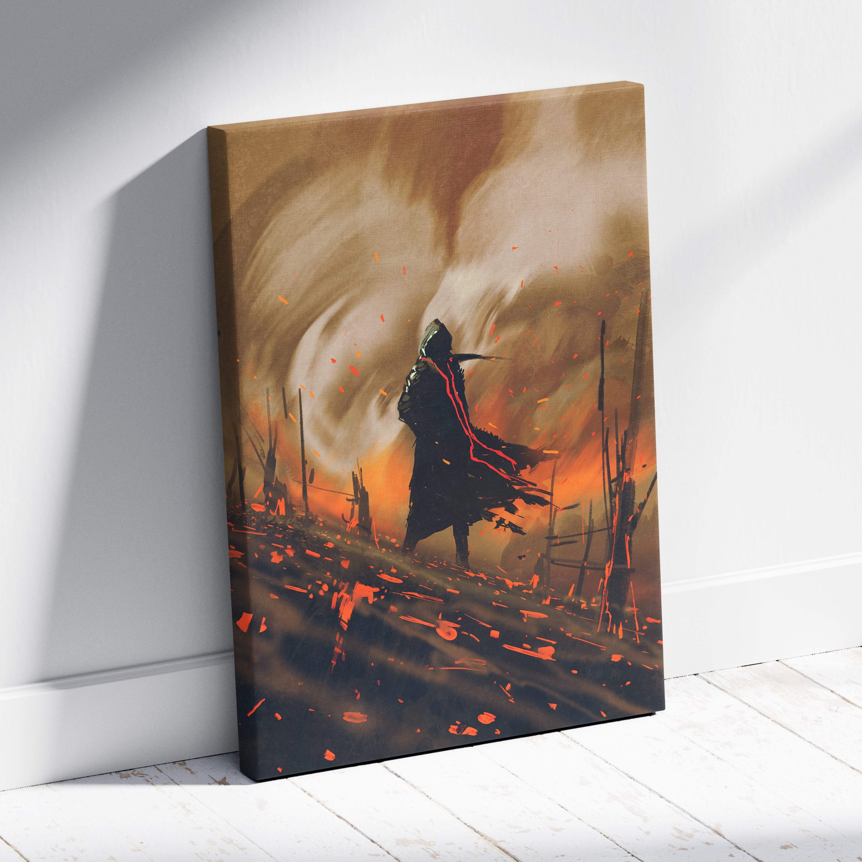 A canvas print of a dark post-apocalyptic hooded figure with glowing red accents in fiery orange and black landscape