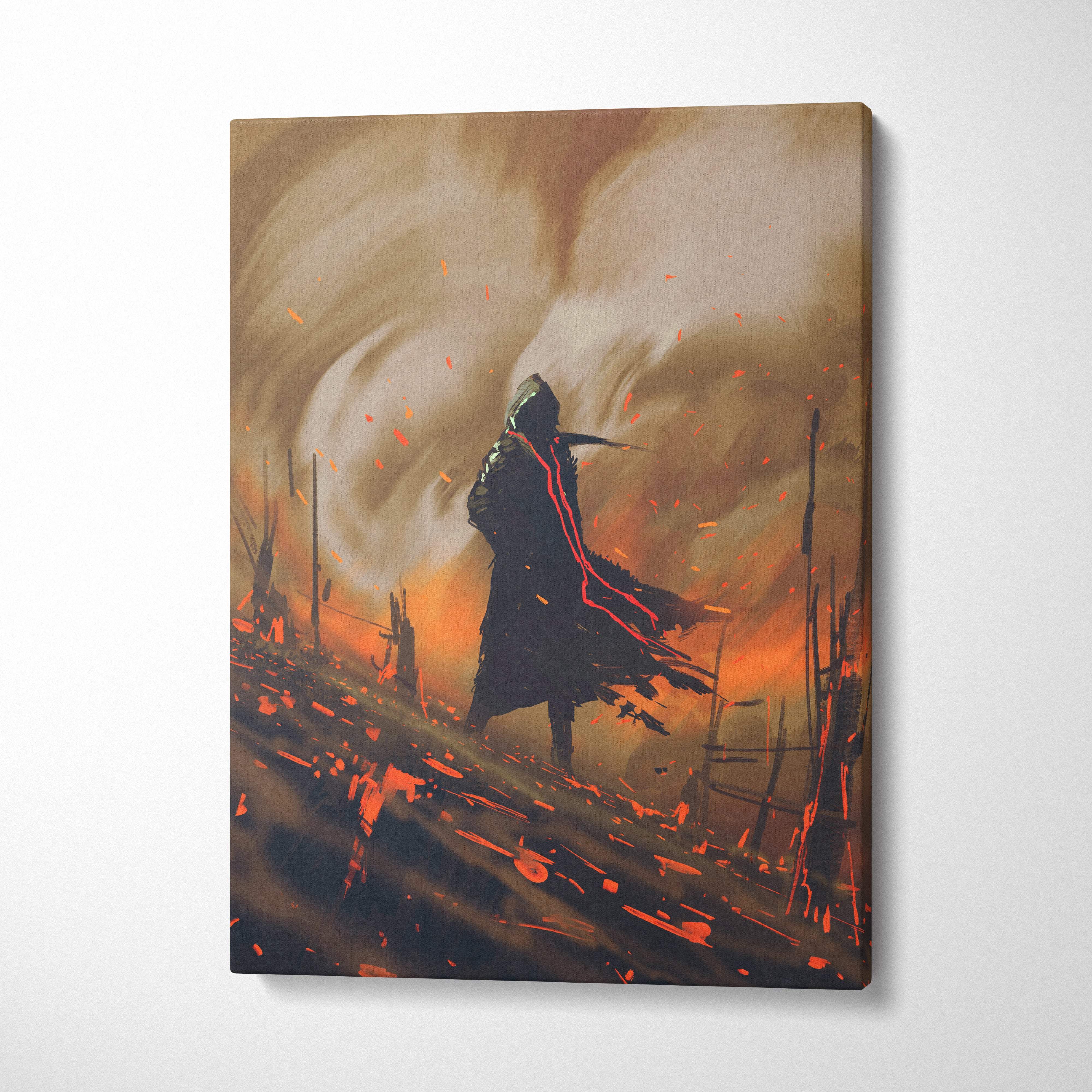 Ember Wasteland Wanderer canvas art featuring a dark hooded figure in fiery orange and black post-apocalyptic landscape