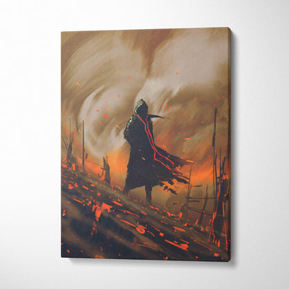 Ember Wasteland Wanderer canvas art featuring a dark hooded figure in fiery orange and black post-apocalyptic landscape