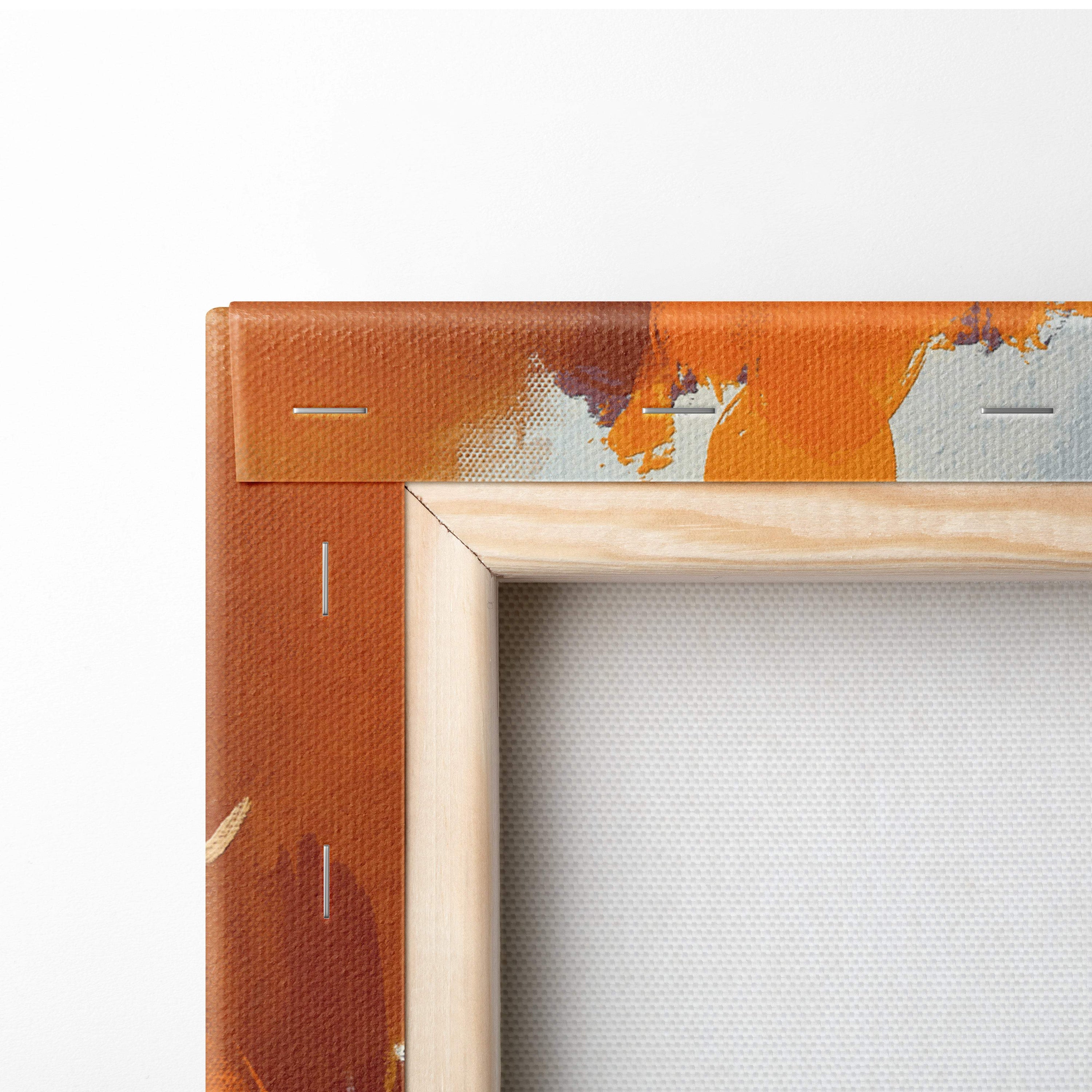 Autumn park stroll canvas print featuring vibrant orange and white abstract art in a light wood frame