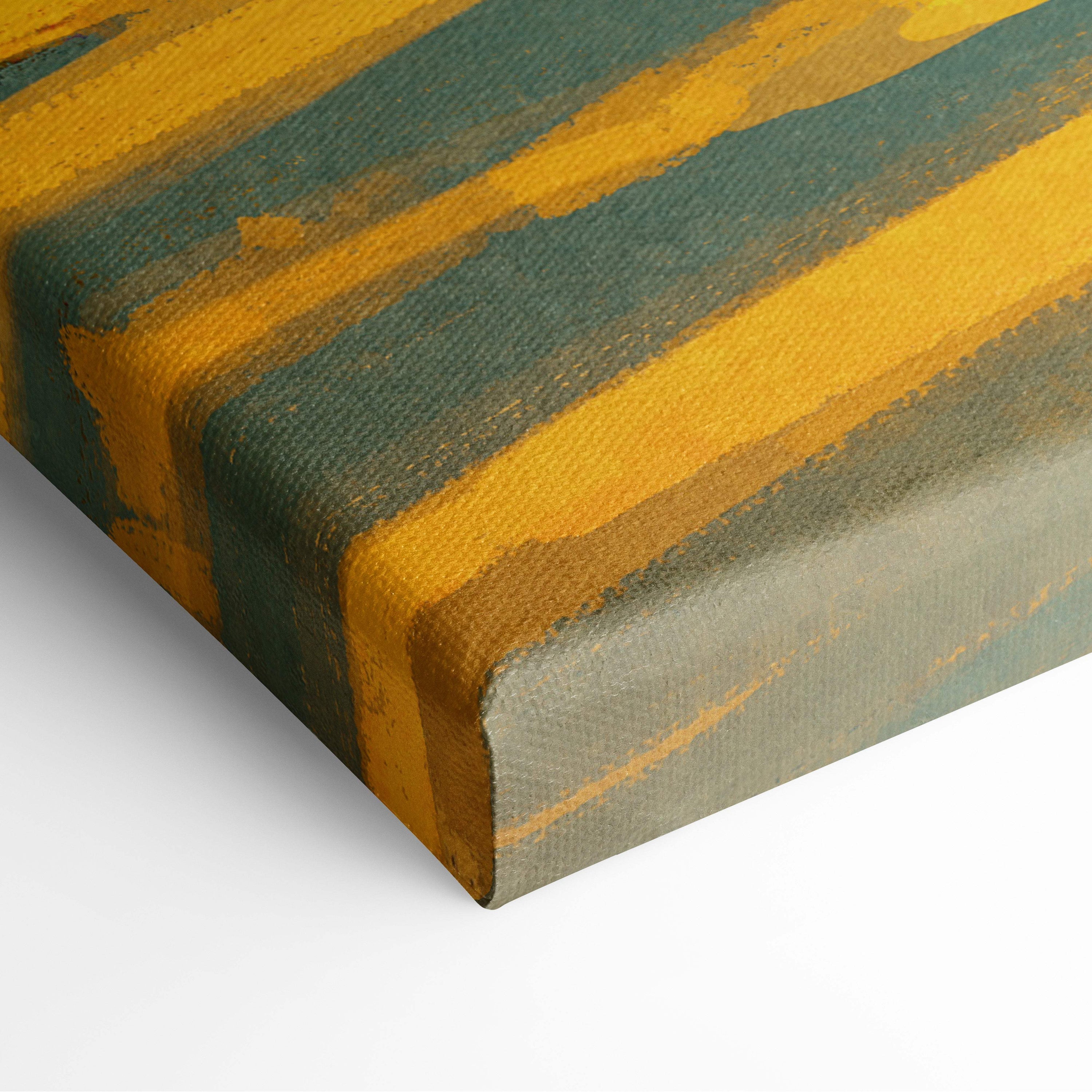 Canvas painting with bold textured mustard yellow and deep teal stripes for autumn park stroll wall art decor