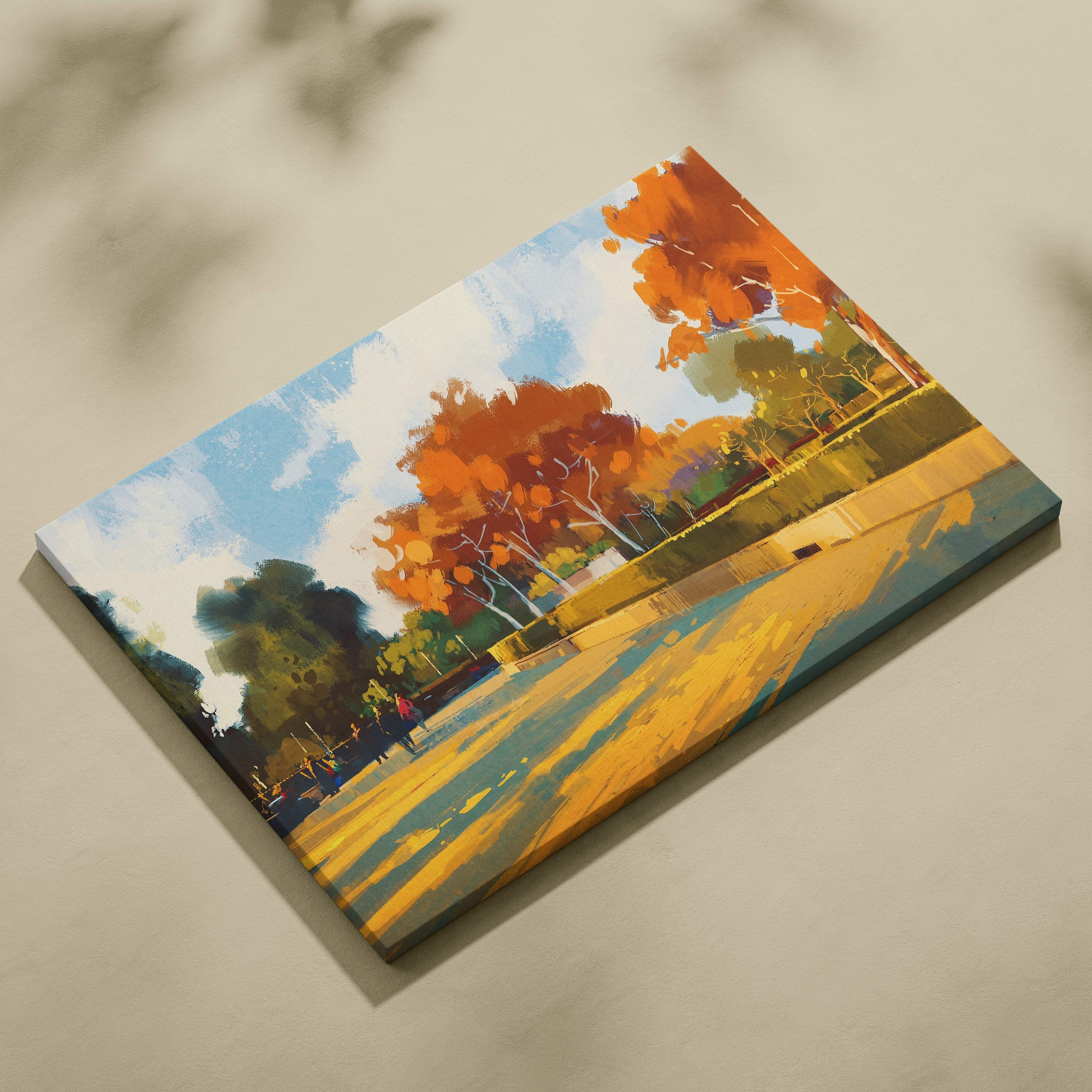 Vibrant autumn park stroll canvas print with bold orange yellow and green trees against a blue sky wall art