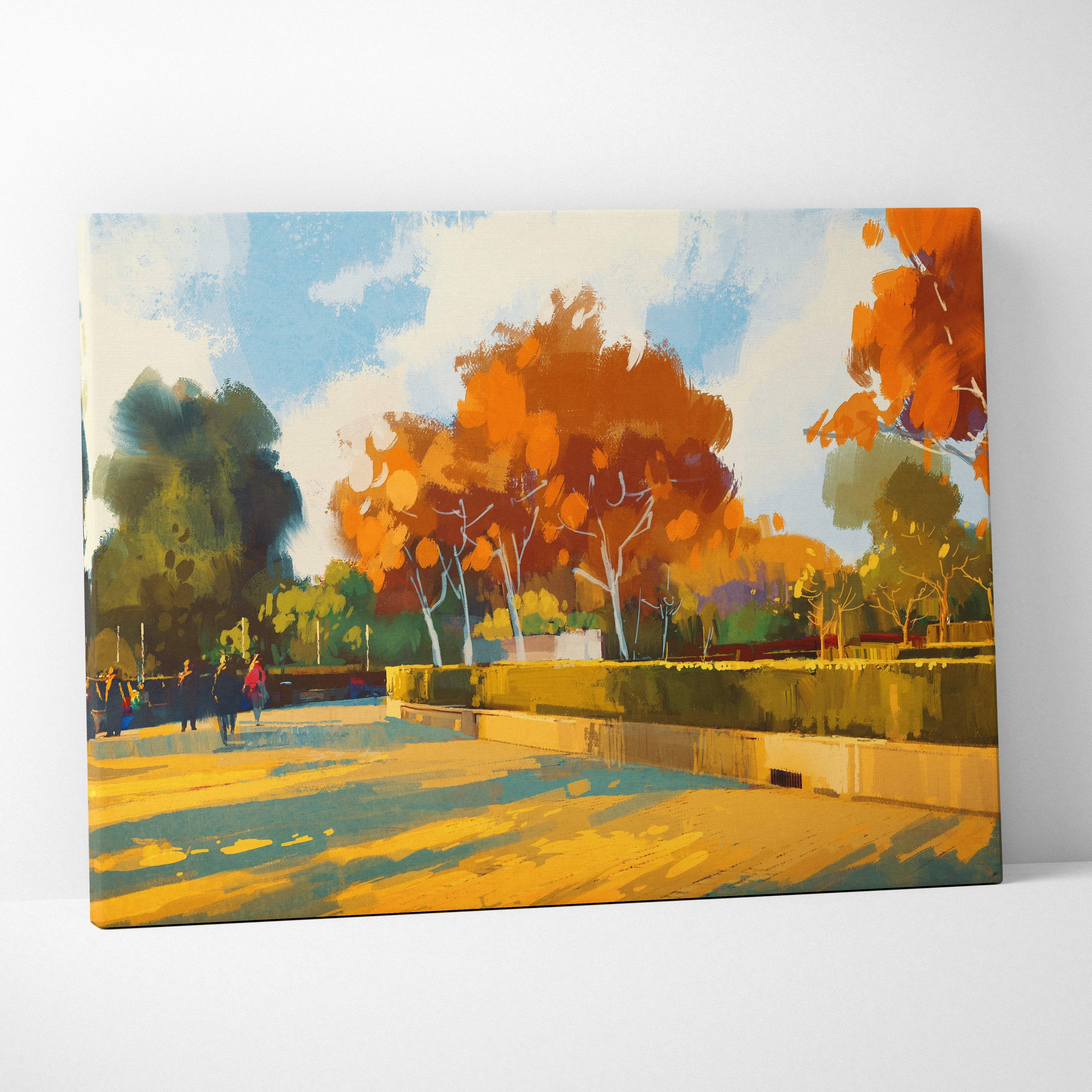 Autumn park stroll wall art canvas print featuring vibrant orange and green trees with golden sunlight and blue sky