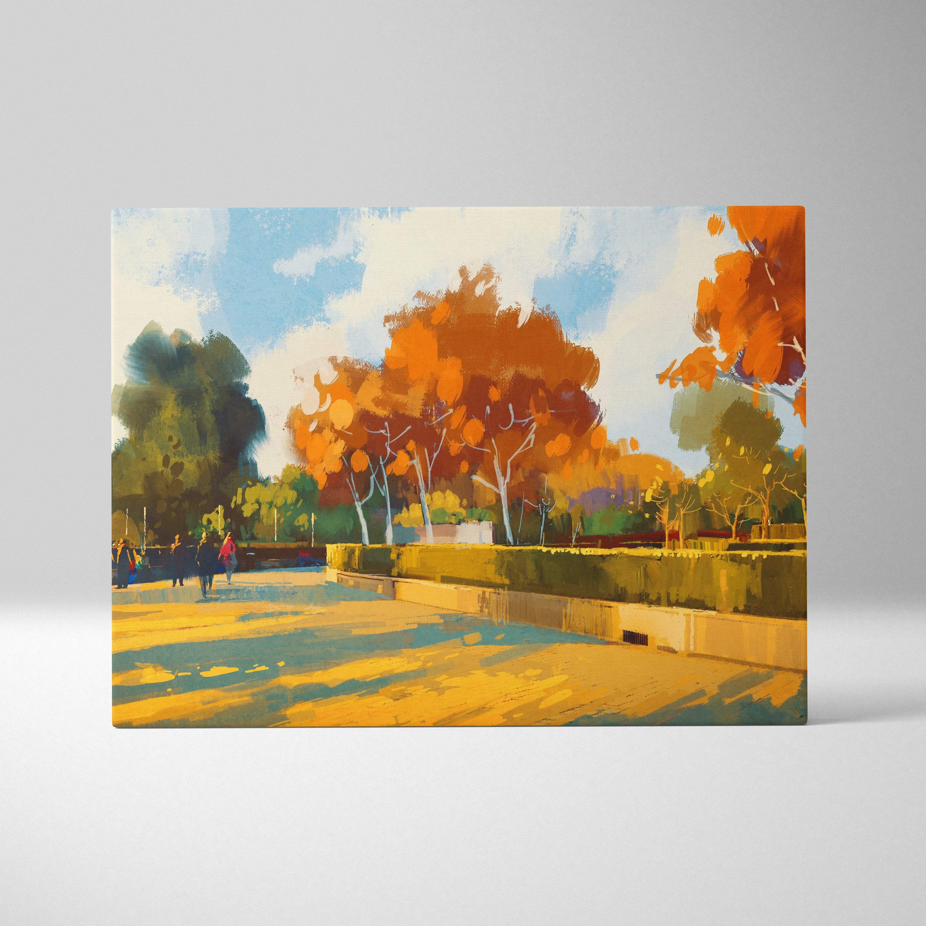 Rectangular canvas print of autumn park stroll with vibrant orange trees green foliage and soft blue skies