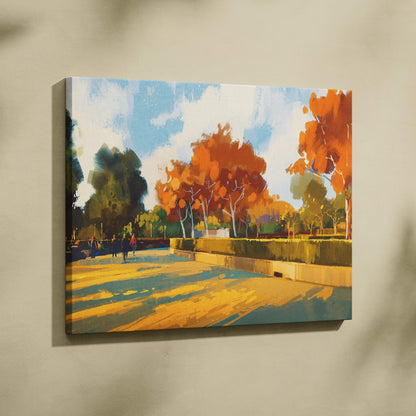 Autumn park stroll canvas print featuring vibrant orange and green trees under a bright blue sky mounted on wall