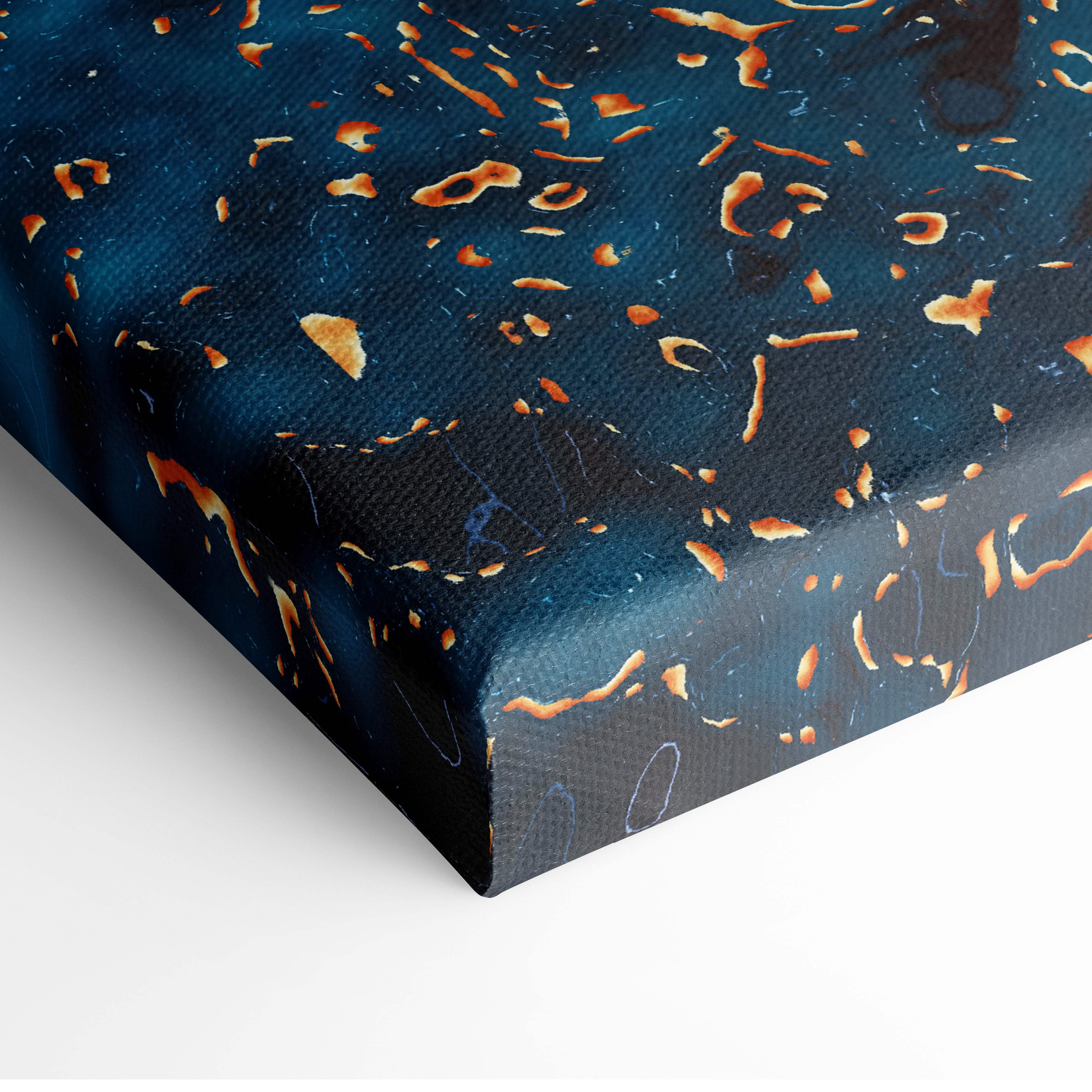 Deep blue canvas print with scattered golden orange abstract splatters celestial lantern dream wall decor