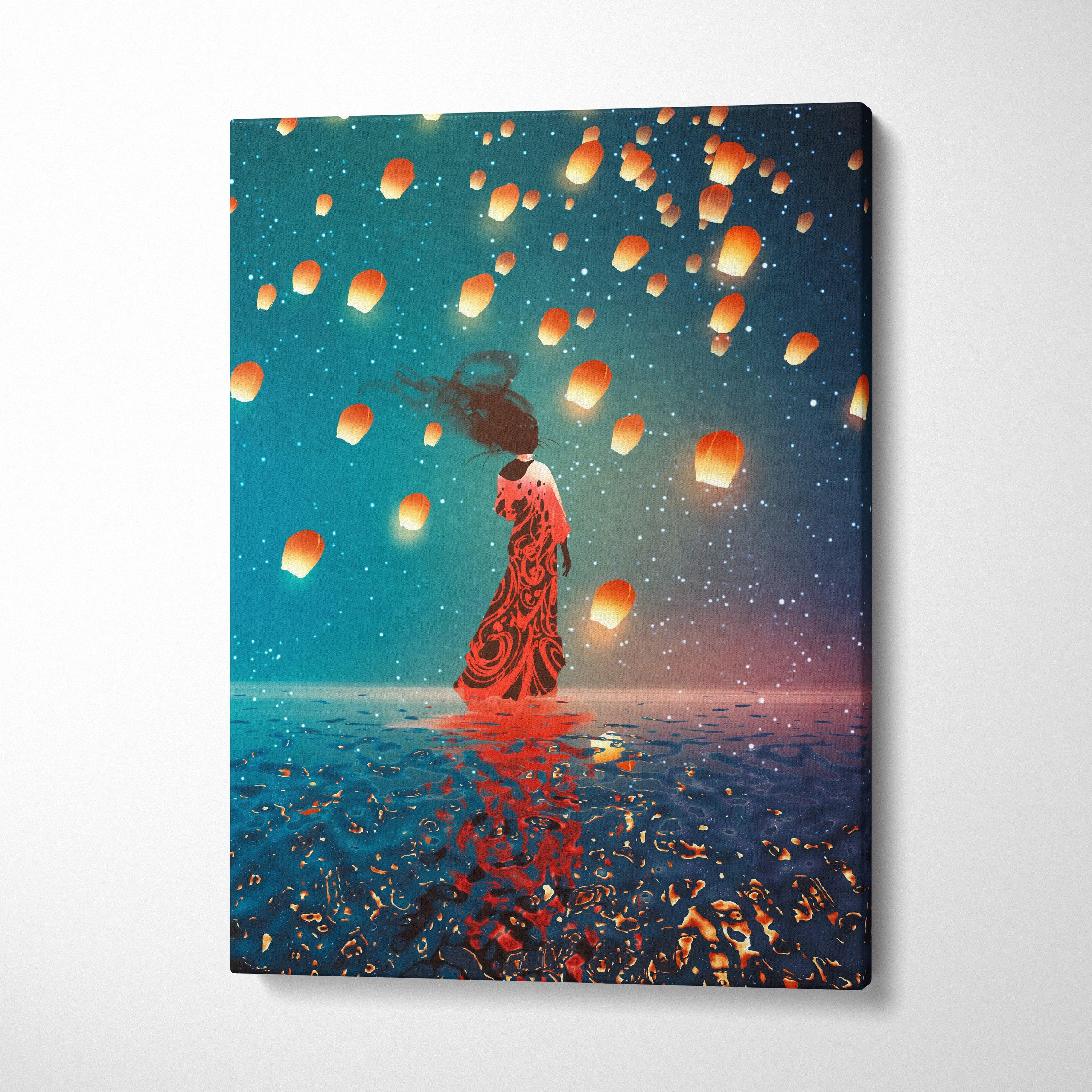 Celestial Lantern Dream – Surreal Woman in Red Dress Canvas Art, Floating Sky Lanterns, Teal Night Sky Reflection, Ethereal Fantasy Digital Painting Wall Decor
