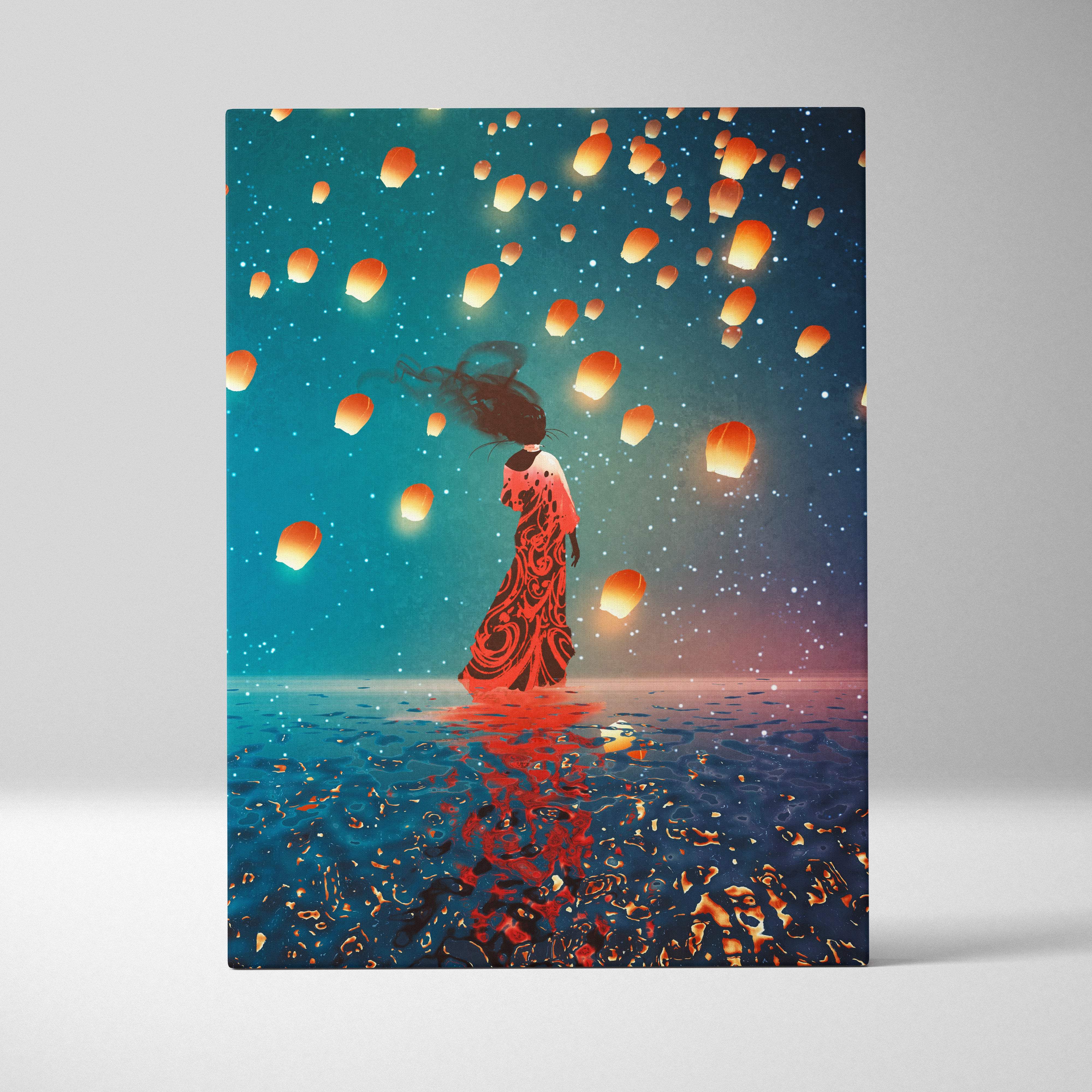 Vibrant canvas print of a woman in an ornate red dress with glowing orange lanterns against a teal night sky reflection