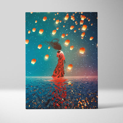 Celestial Lantern Dream – Surreal Woman in Red Dress Canvas Art, Floating Sky Lanterns, Teal Night Sky Reflection, Ethereal Fantasy Digital Painting Wall Decor