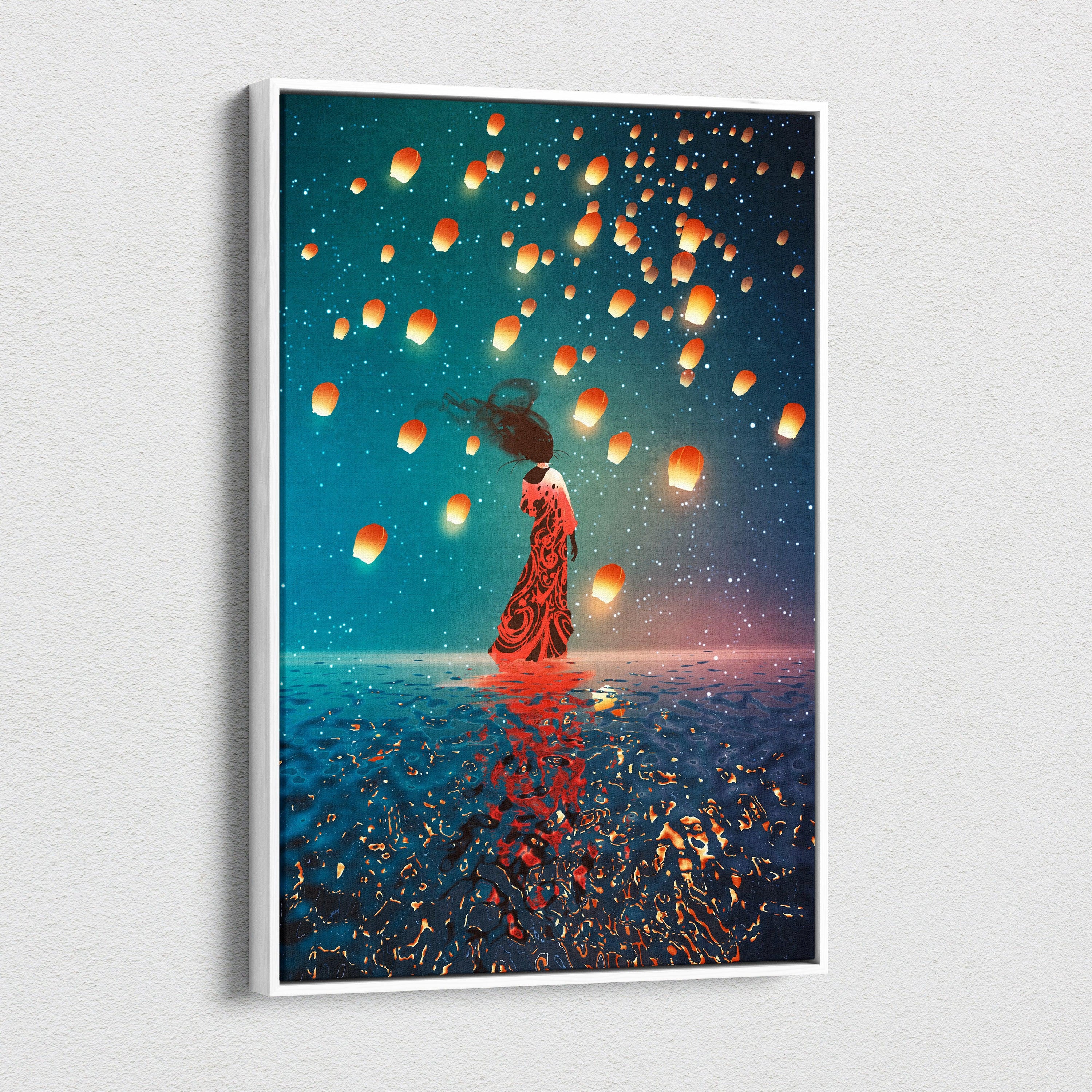 Celestial Lantern Dream – Surreal Woman in Red Dress Canvas Art, Floating Sky Lanterns, Teal Night Sky Reflection, Ethereal Fantasy Digital Painting Wall Decor