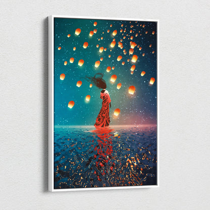 Celestial Lantern Dream – Surreal Woman in Red Dress Canvas Art, Floating Sky Lanterns, Teal Night Sky Reflection, Ethereal Fantasy Digital Painting Wall Decor