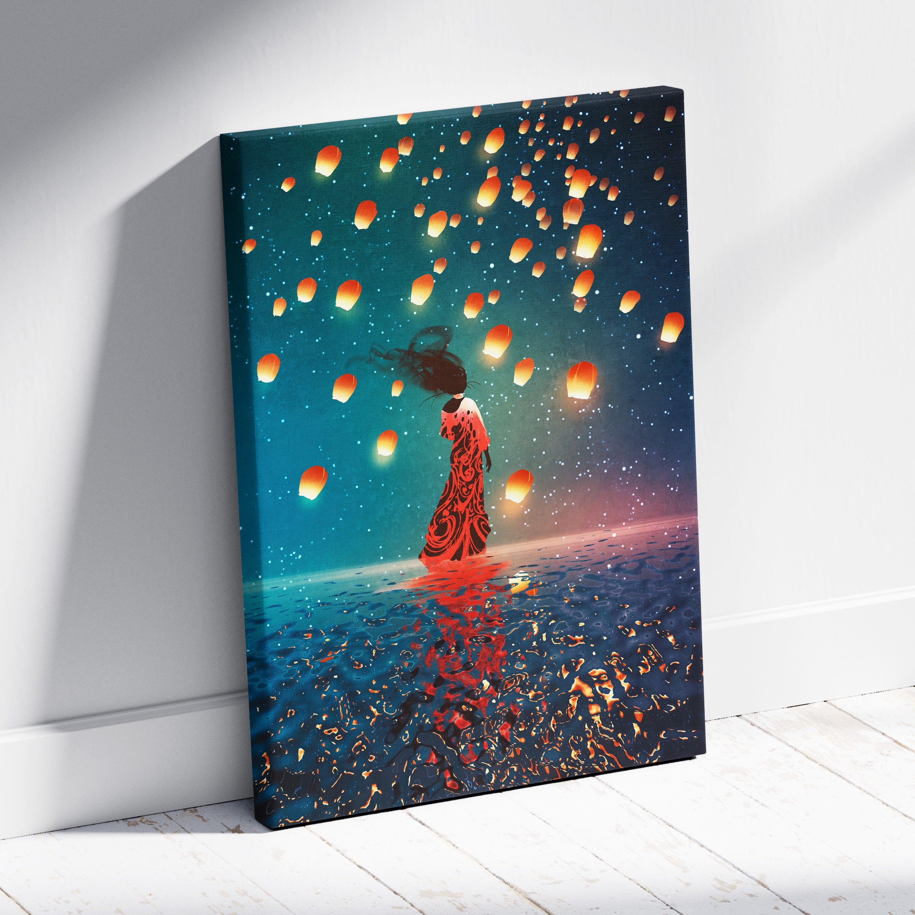 Celestial Lantern Dream – Surreal Woman in Red Dress Canvas Art, Floating Sky Lanterns, Teal Night Sky Reflection, Ethereal Fantasy Digital Painting Wall Decor