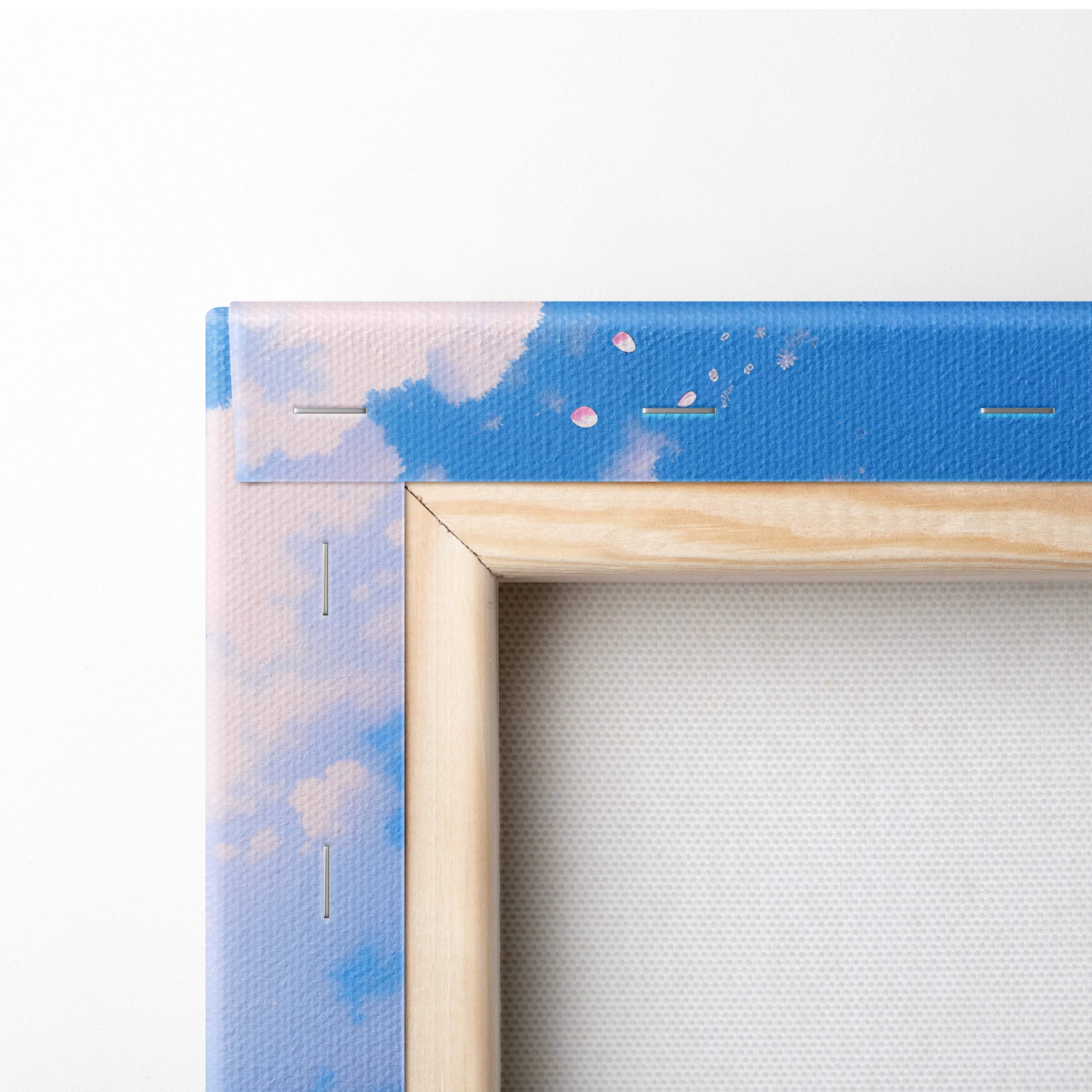 A wooden-framed canvas wall art featuring a soft blue sky with pink cherry blossom petals in a dreamy anime style