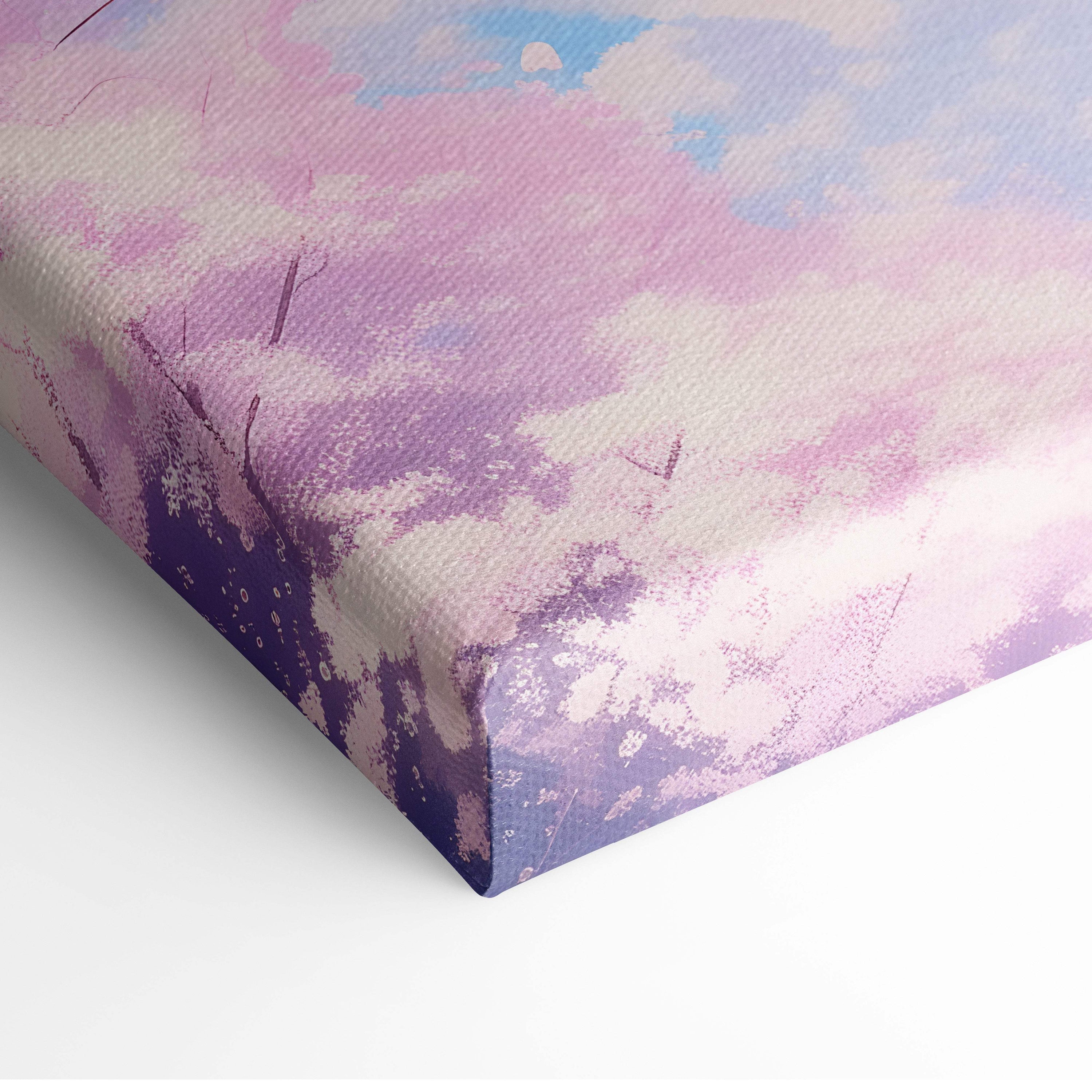 Pink cherry blossom sky canvas wall art with soft pastel blue clouds and dark tree silhouettes for dreamy spring decor
