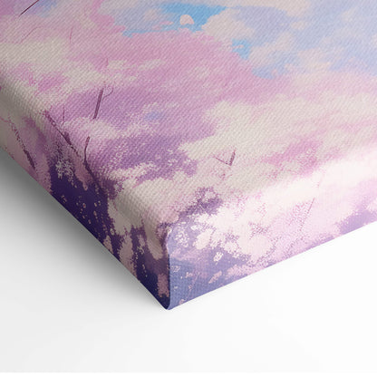 Pink cherry blossom sky canvas wall art with soft pastel blue clouds and dark tree silhouettes for dreamy spring decor