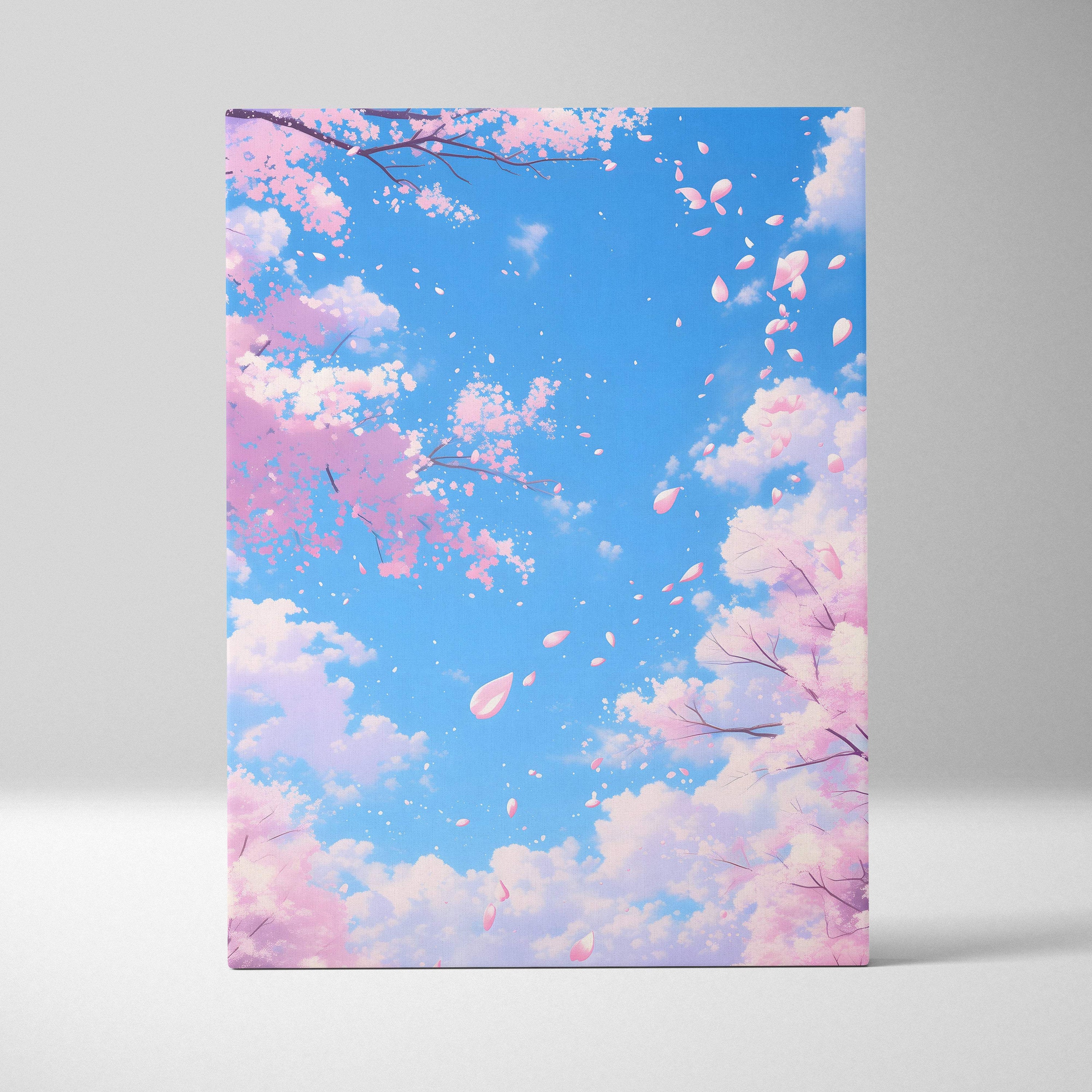 Rectangular canvas print of pink cherry blossom petals falling against a vibrant blue sky with fluffy white clouds