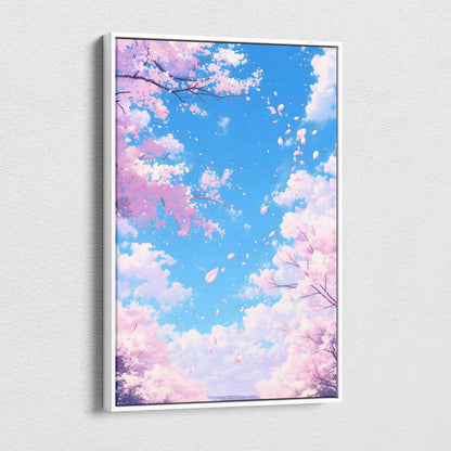 A framed digital art print of pink cherry blossoms falling against a vibrant blue sky with fluffy white clouds