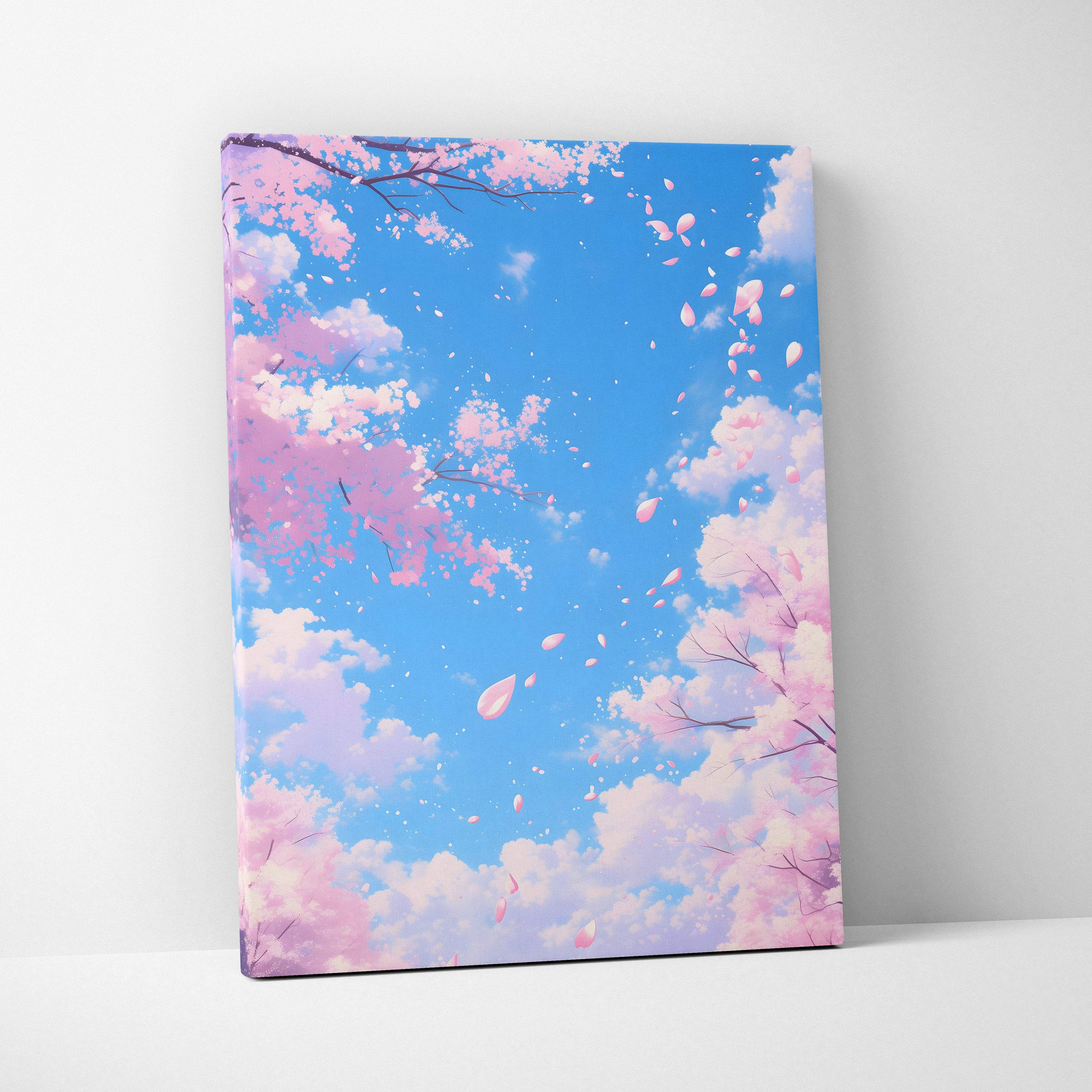 Rectangular canvas print of pink cherry blossoms falling against a vibrant blue sky with white clouds in anime style