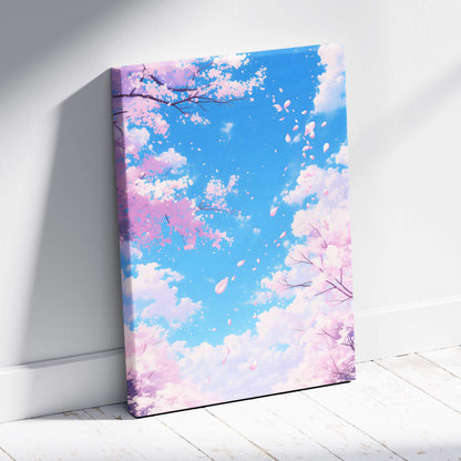 Pink cherry blossom sky canvas wall art with vibrant pink blossoms blue clouds and soft pastel anime style design