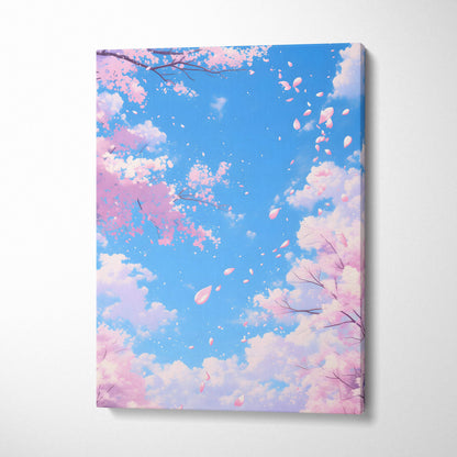 A rectangular canvas print of pink cherry blossoms falling against a vibrant blue sky with fluffy white clouds