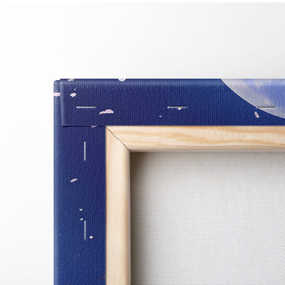 Blue moon cherry blossom canvas wall art in navy blue with white speckles and stitched light wood frame details