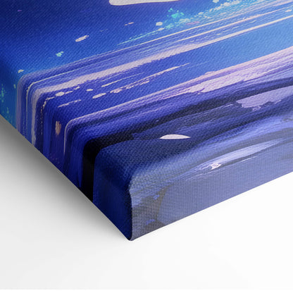 Blue moon cherry blossom canvas wall art with textured brushstrokes in deep navy indigo and lighter purples