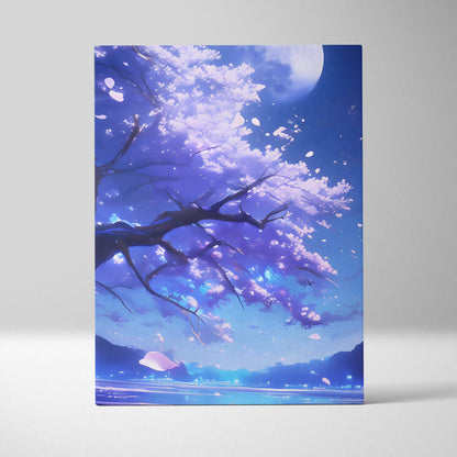 Rectangular canvas wall art featuring a glowing purple and pink cherry blossom tree under a full moon twilight sky