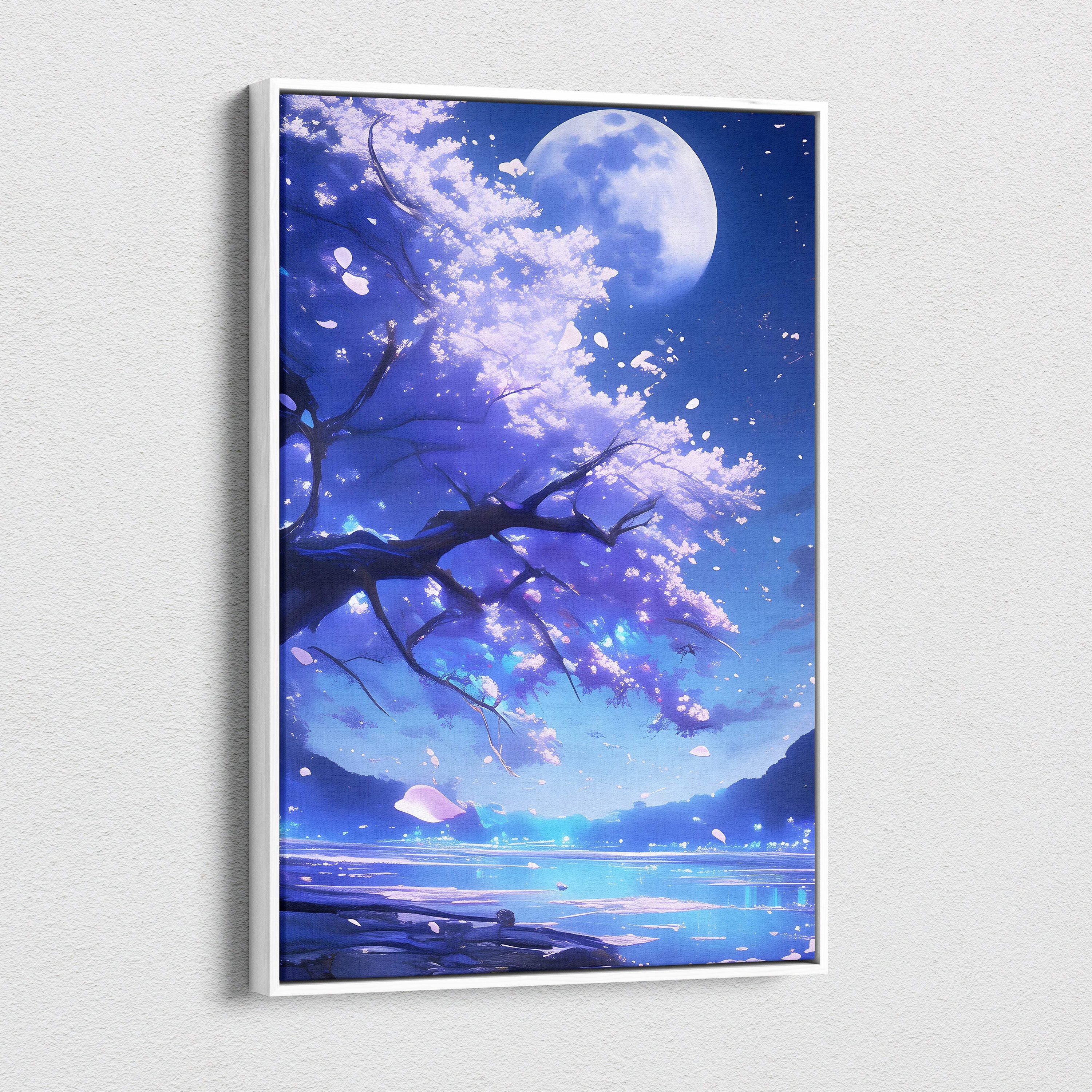 A framed blue moon cherry blossom canvas wall art with glowing sakura petals over a lake under a full moon