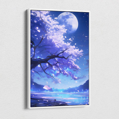 A framed blue moon cherry blossom canvas wall art with glowing sakura petals over a lake under a full moon