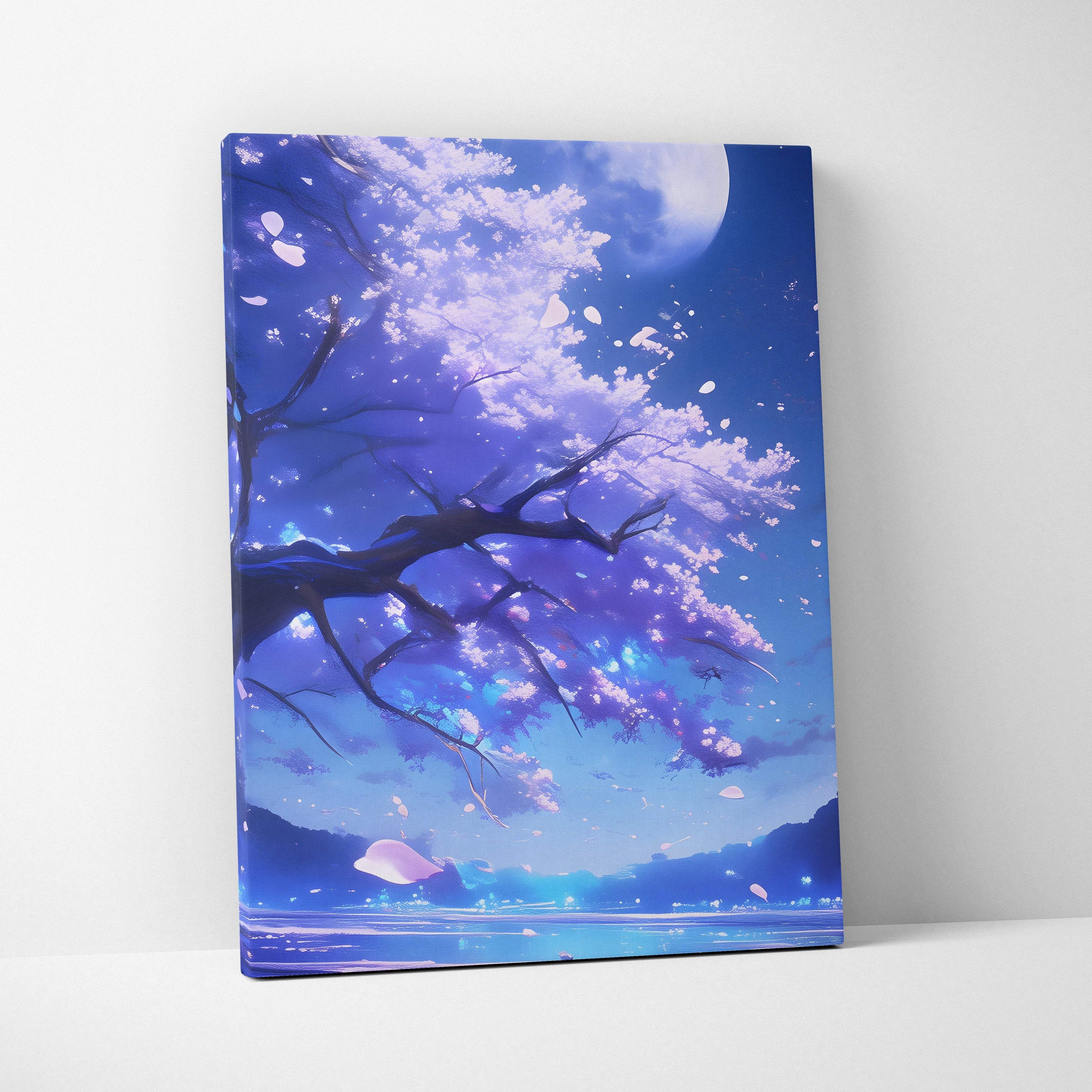 Blue moon cherry blossom canvas wall art featuring vibrant blue and purple cherry tree under full moon with drifting petals
