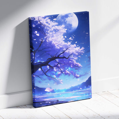 Blue moon cherry blossom canvas wall art with vibrant blue and purple cherry tree under full moon and floating petals