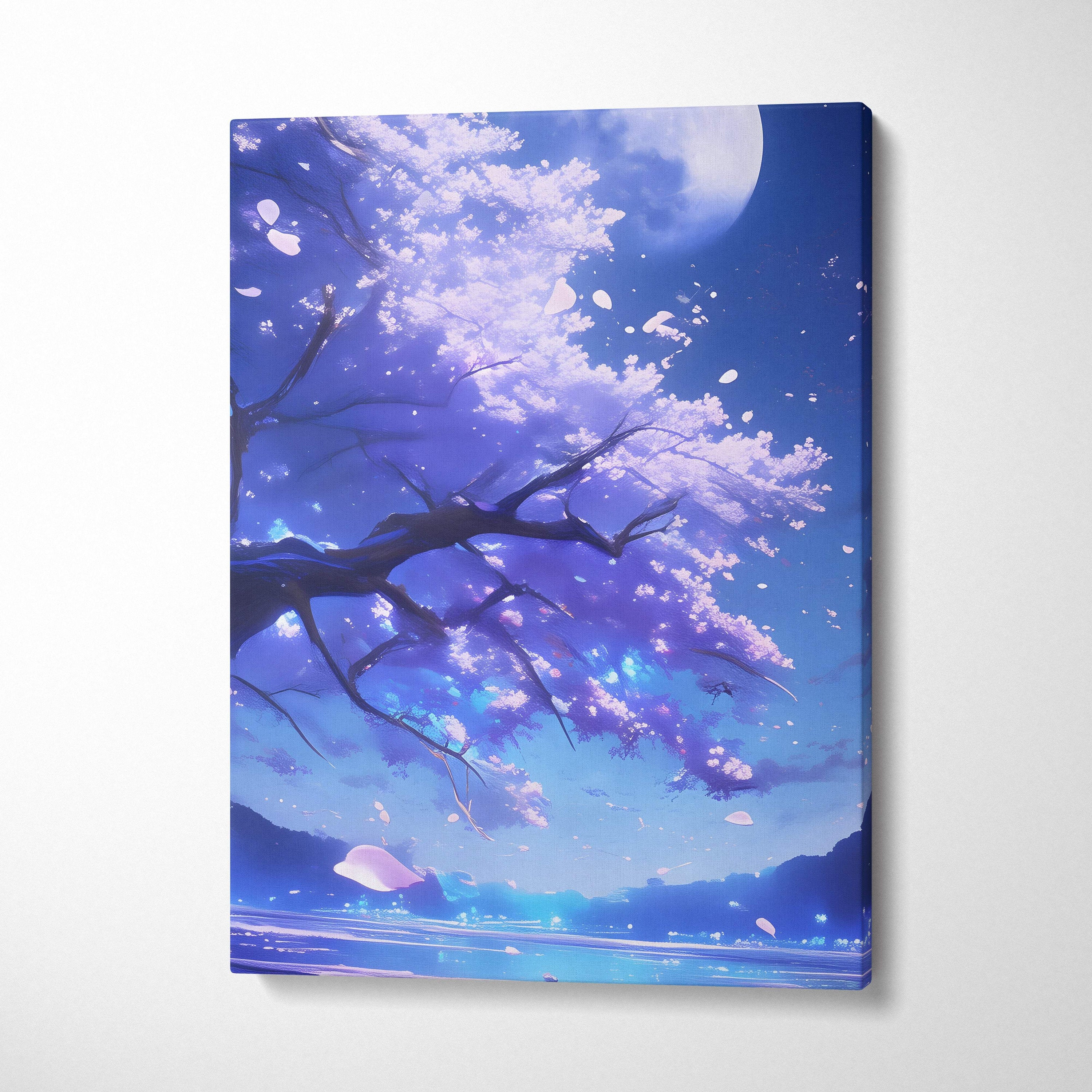 Blue moon cherry blossom canvas wall art with purple pink blossoms and full moon in dreamy anime style