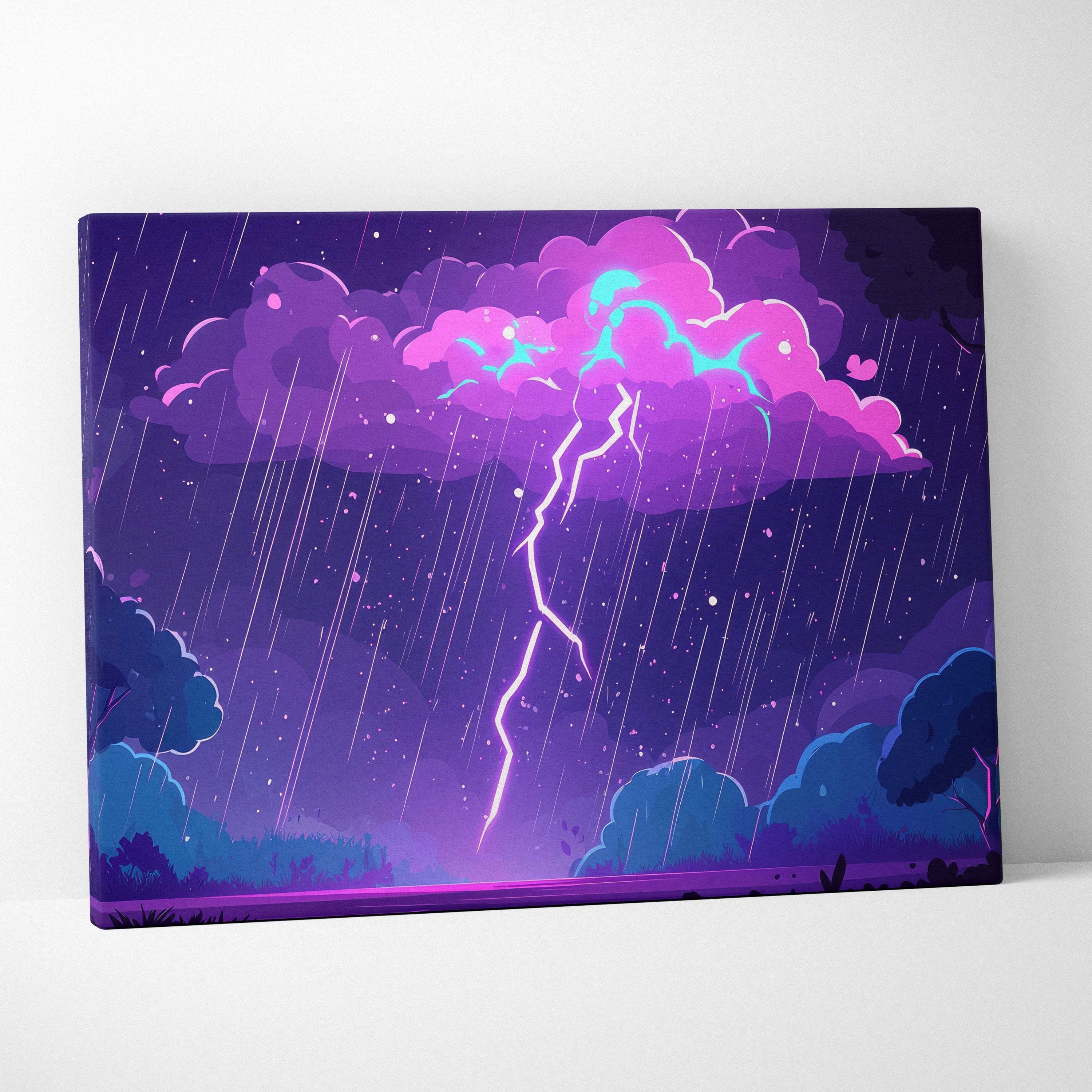 Neon lightning storm canvas art featuring a vibrant purple and pink stormy sky with glowing lightning bolt in cartoon style